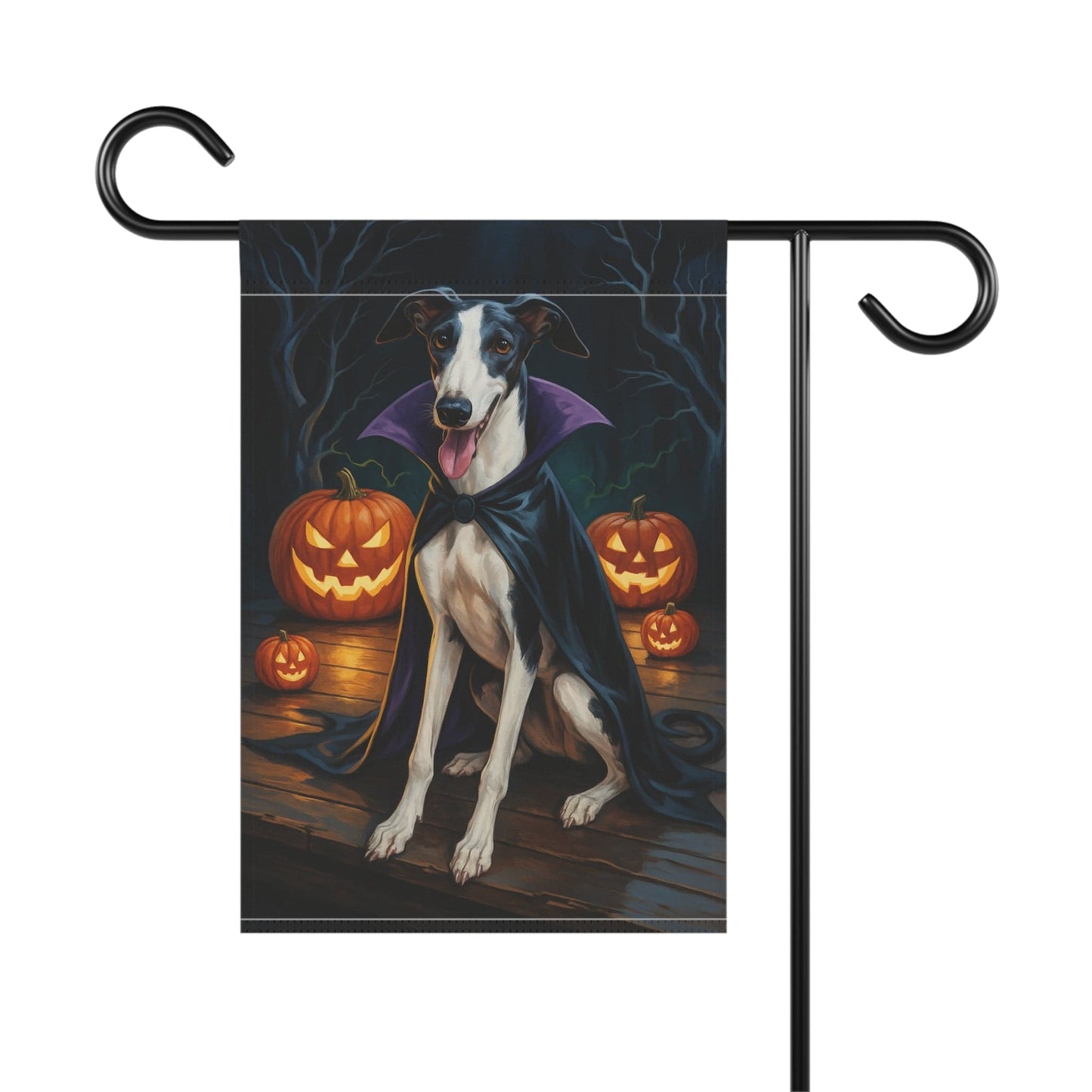 Printify Home Decor Yard Flag, Halloween Black Greyhound Dog, Vampire Pumpkins Decor, Garden House Banner, Outdoor Halloween Fall Art, October Yard Art