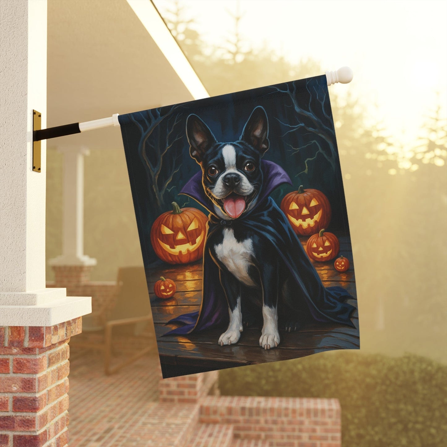 Printify Home Decor Yard Flag, Halloween Boston Terrier Dog, Vampire Pumpkins Decor, Garden House Banner, Outdoor Halloween Fall Decoration, October Yard Art
