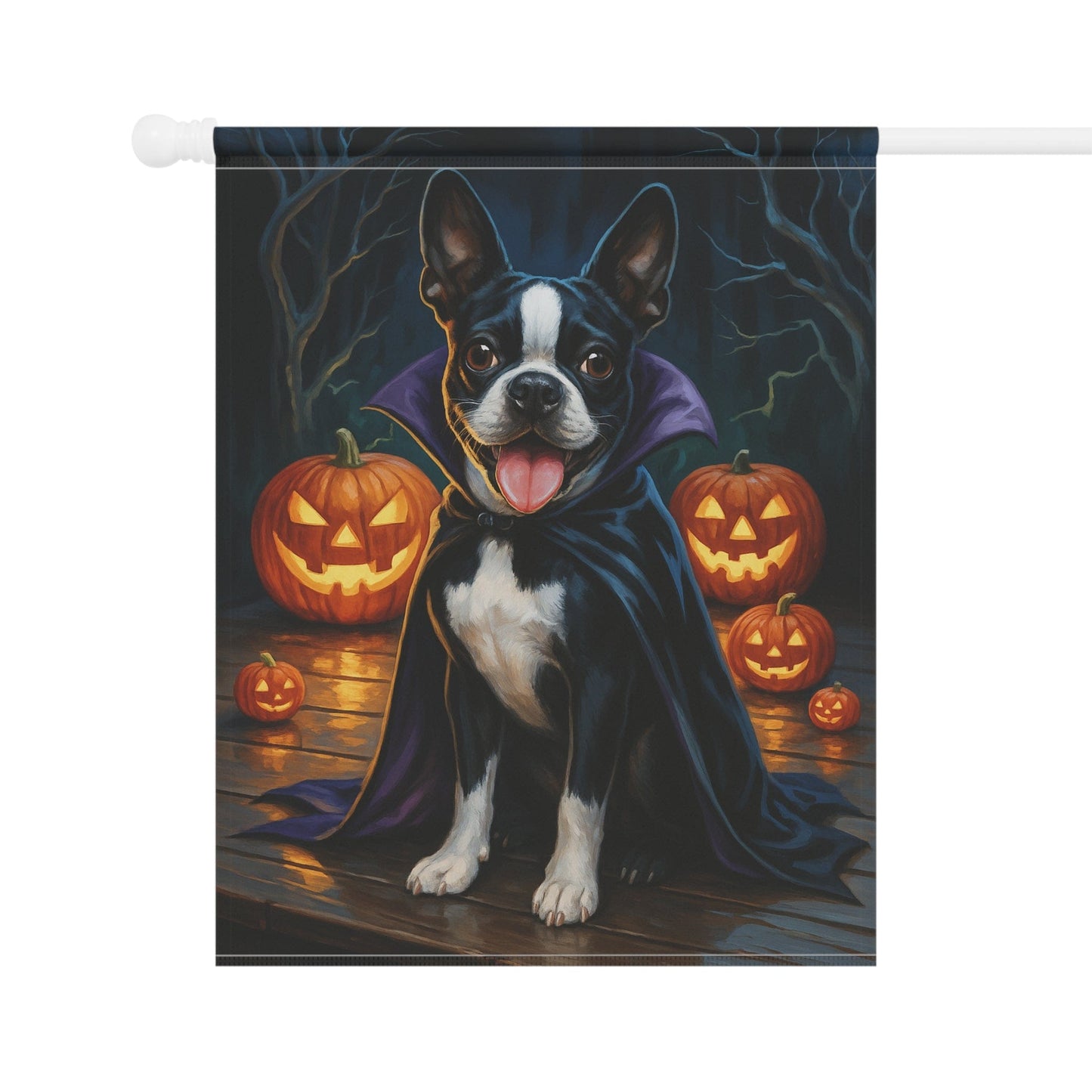 Printify Home Decor Yard Flag, Halloween Boston Terrier Dog, Vampire Pumpkins Decor, Garden House Banner, Outdoor Halloween Fall Decoration, October Yard Art