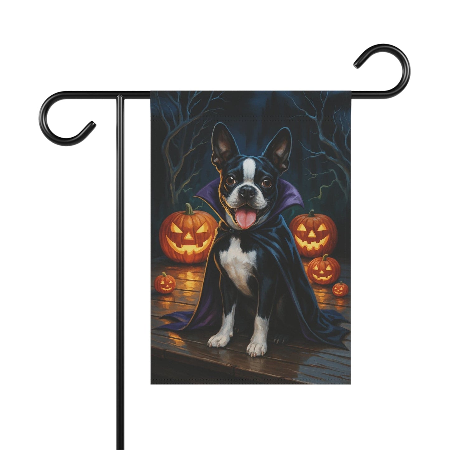 Printify Home Decor 12'' × 18'' Yard Flag, Halloween Boston Terrier Dog, Vampire Pumpkins Decor, Garden House Banner, Outdoor Halloween Fall Decoration, October Yard Art