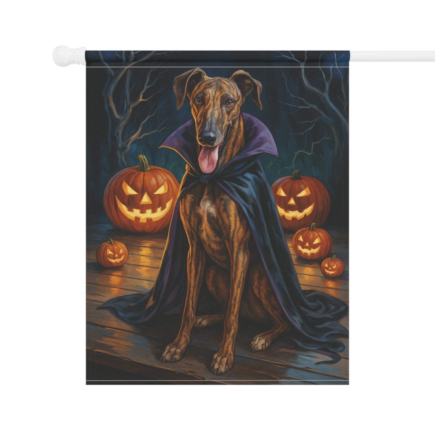Printify Home Decor Yard Flag, Halloween Brindle Greyhound Dog, Vampire Pumpkins Decor, Garden House Banner, Outdoor Halloween Fall Art, October Yard Art