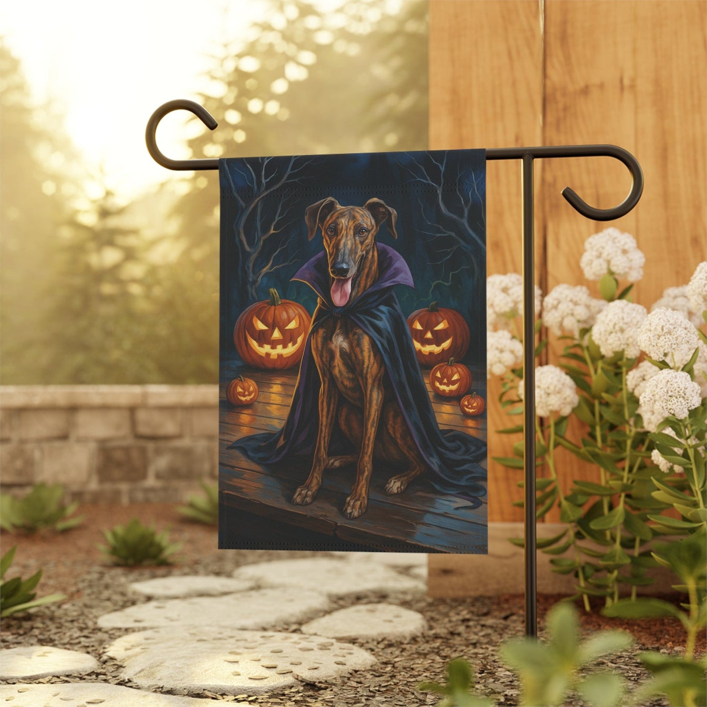 Printify Home Decor Yard Flag, Halloween Brindle Greyhound Dog, Vampire Pumpkins Decor, Garden House Banner, Outdoor Halloween Fall Art, October Yard Art