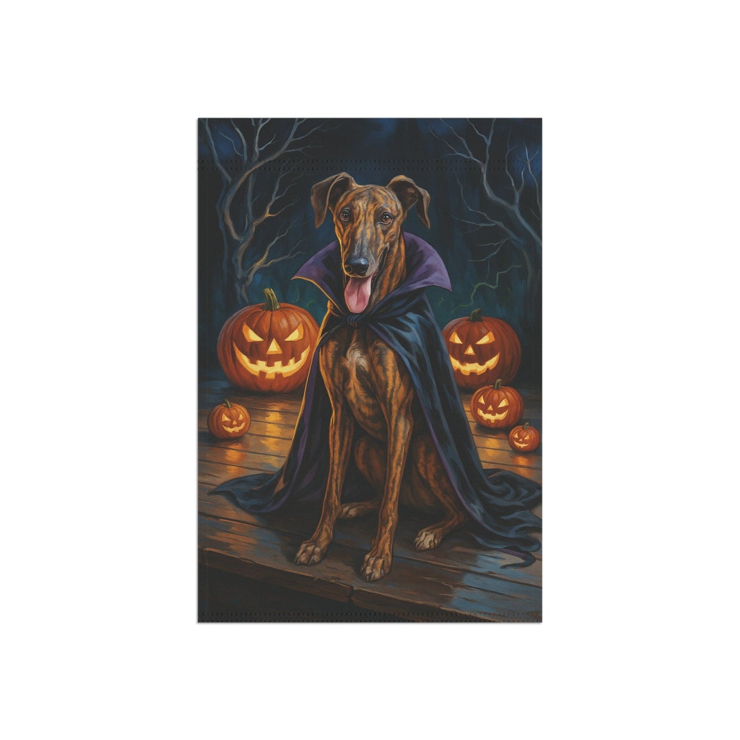 Printify Home Decor Yard Flag, Halloween Brindle Greyhound Dog, Vampire Pumpkins Decor, Garden House Banner, Outdoor Halloween Fall Art, October Yard Art
