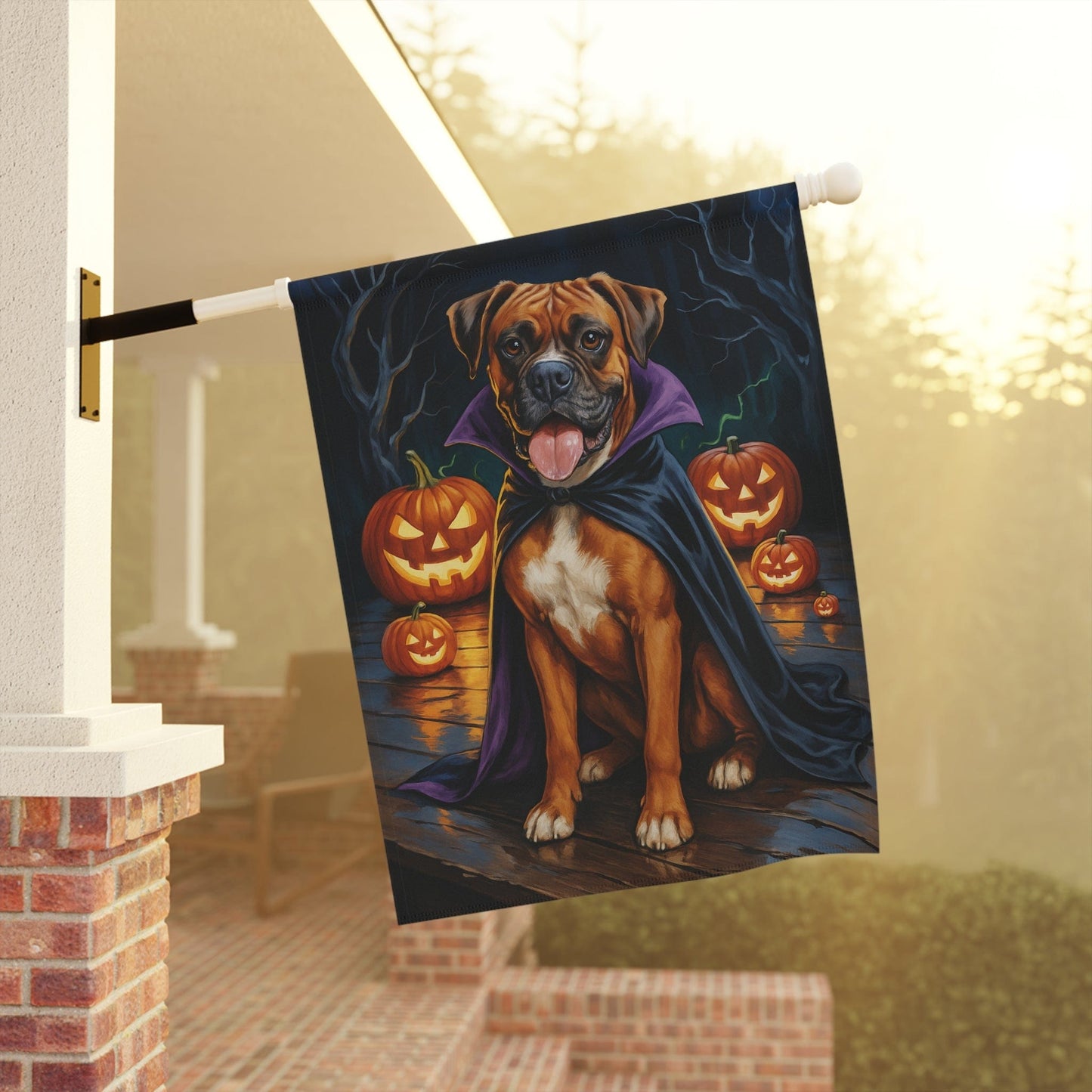 Printify Home Decor Yard Flag, Halloween Brown Boxer Dog, Vampire Pumpkins Decor, Garden House Banner, Outdoor Halloween Fall Decoration, October Yard Art