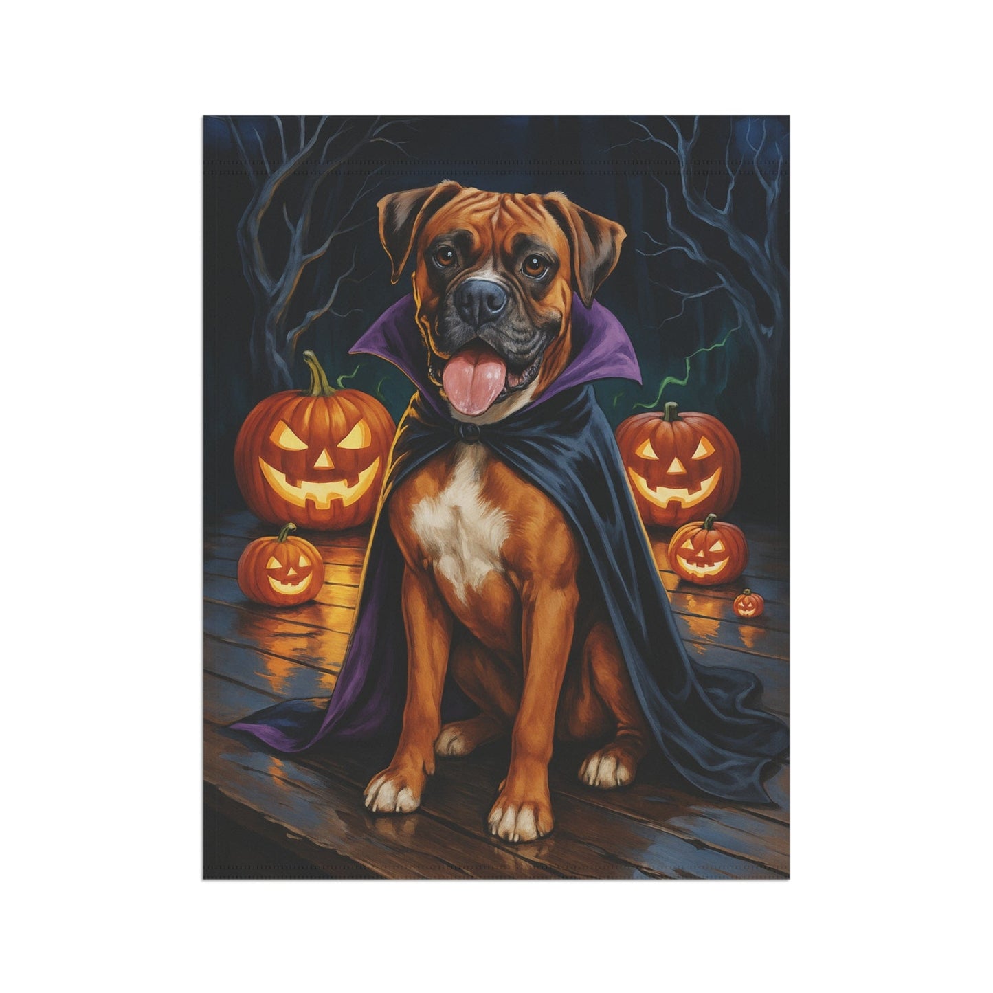 Printify Home Decor Yard Flag, Halloween Brown Boxer Dog, Vampire Pumpkins Decor, Garden House Banner, Outdoor Halloween Fall Decoration, October Yard Art