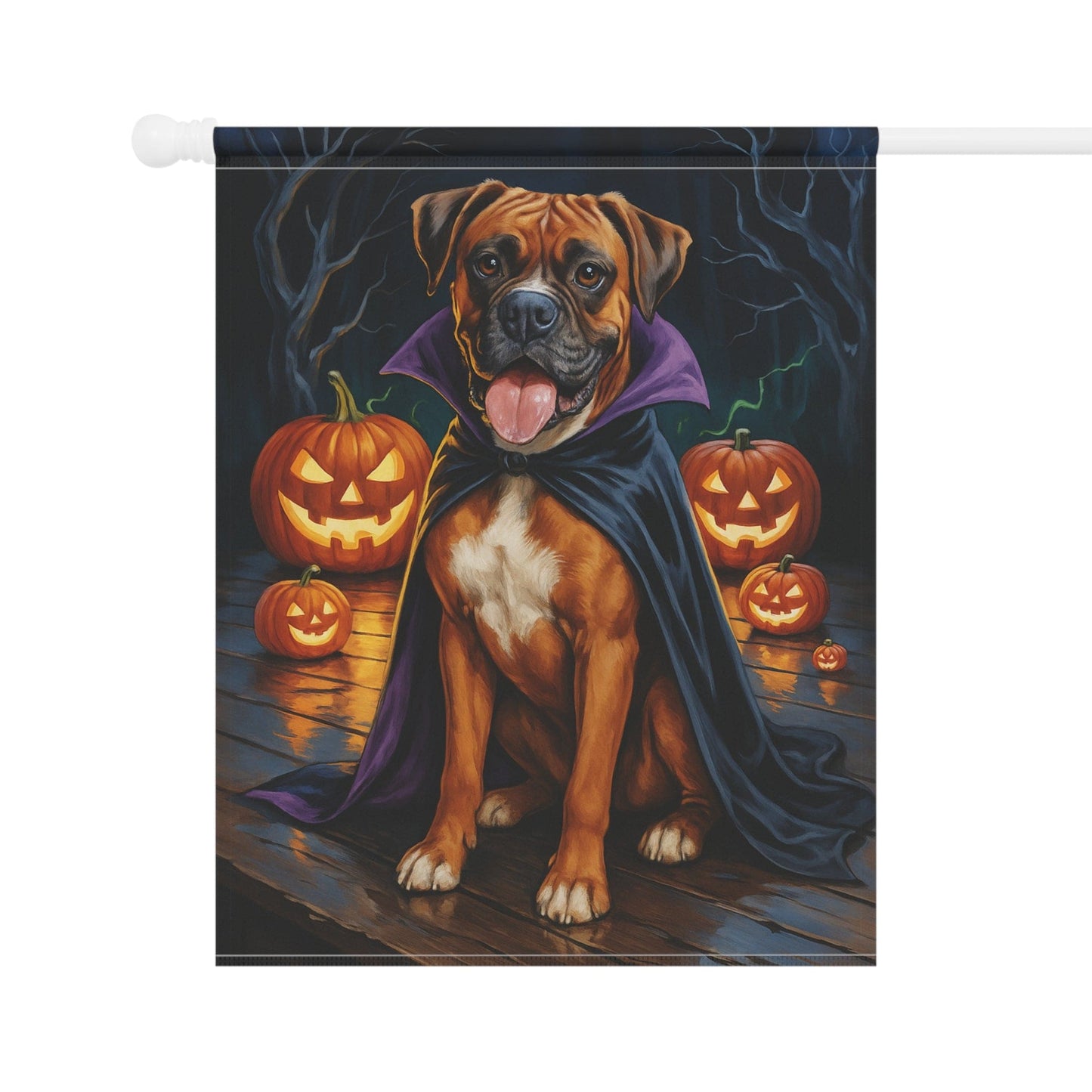Printify Home Decor Yard Flag, Halloween Brown Boxer Dog, Vampire Pumpkins Decor, Garden House Banner, Outdoor Halloween Fall Decoration, October Yard Art
