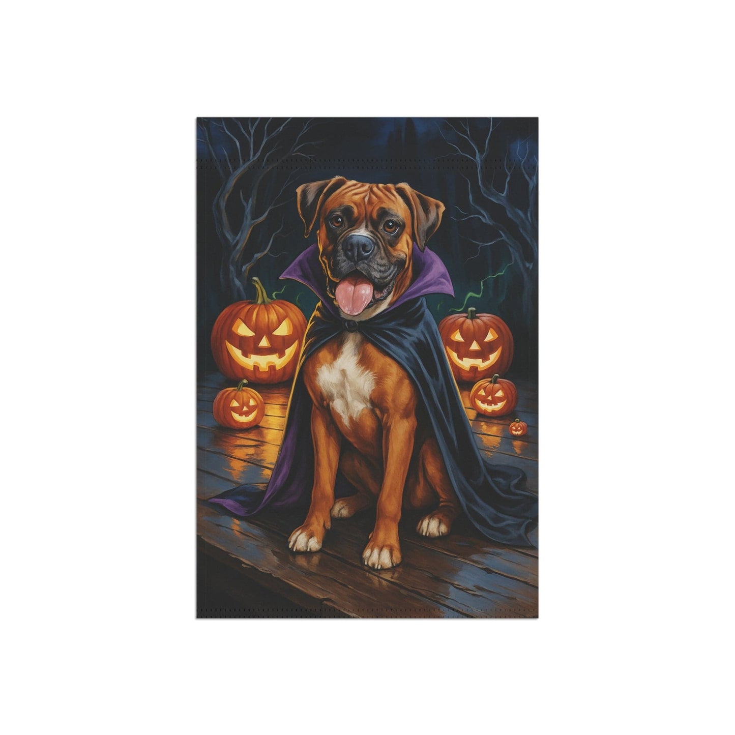 Printify Home Decor Yard Flag, Halloween Brown Boxer Dog, Vampire Pumpkins Decor, Garden House Banner, Outdoor Halloween Fall Decoration, October Yard Art