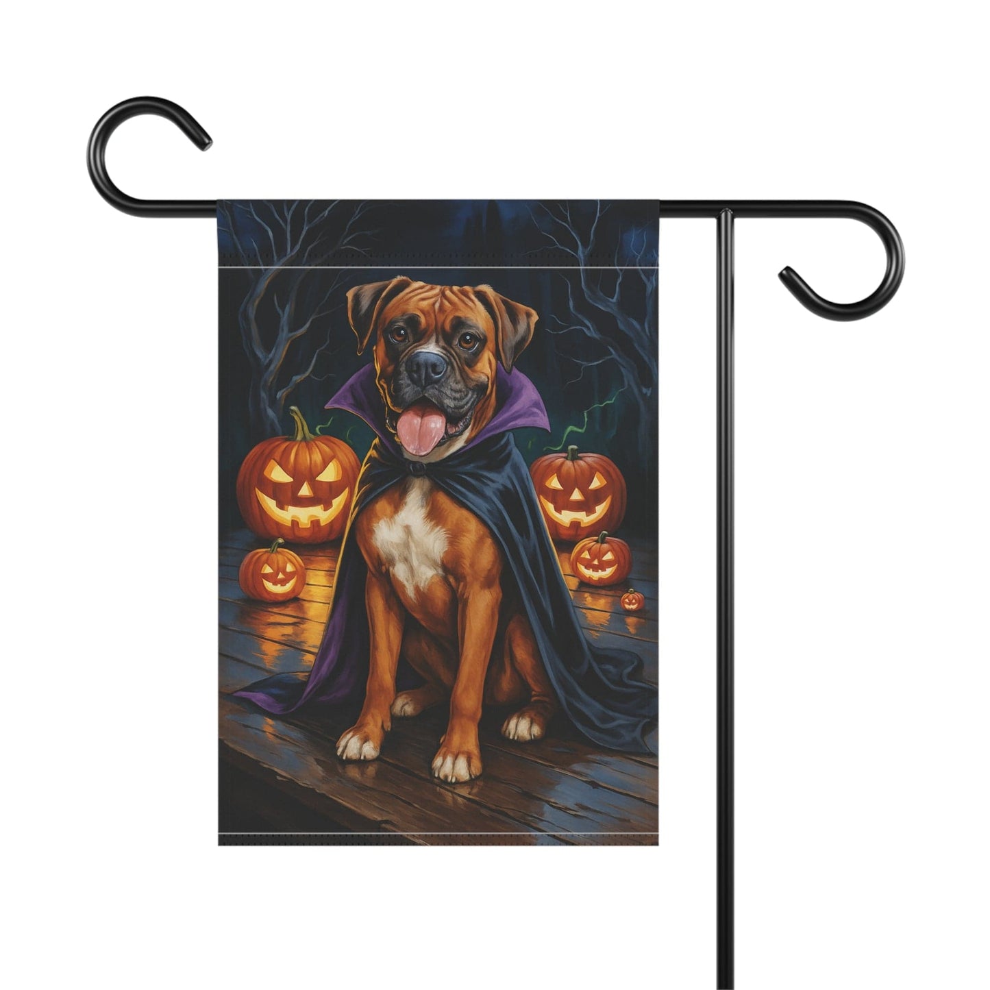 Printify Home Decor Yard Flag, Halloween Brown Boxer Dog, Vampire Pumpkins Decor, Garden House Banner, Outdoor Halloween Fall Decoration, October Yard Art