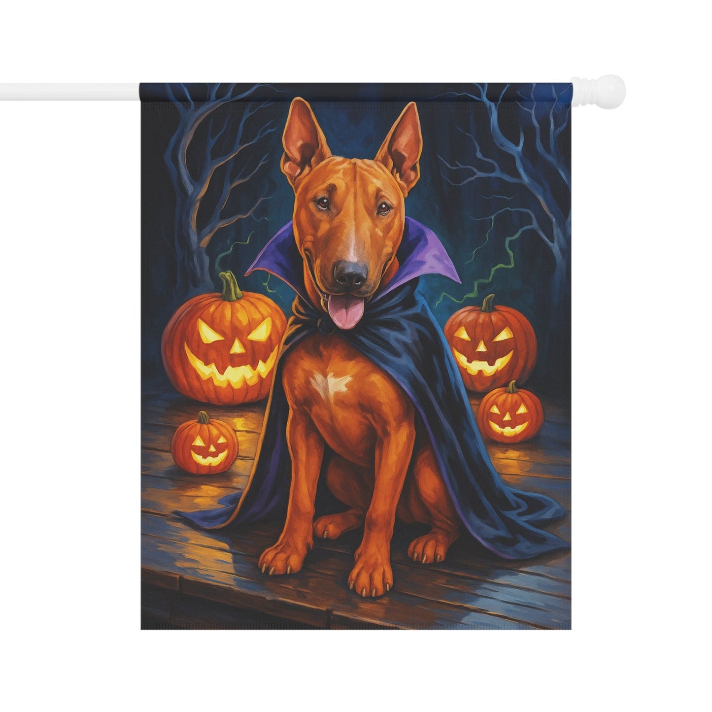 Printify Home Decor 24.5'' × 32'' Yard Flag, Halloween Brown Bull Terrier Dog, Vampire Pumpkins Decor, Garden House Banner, Outdoor Halloween Fall Decoration, October Yard