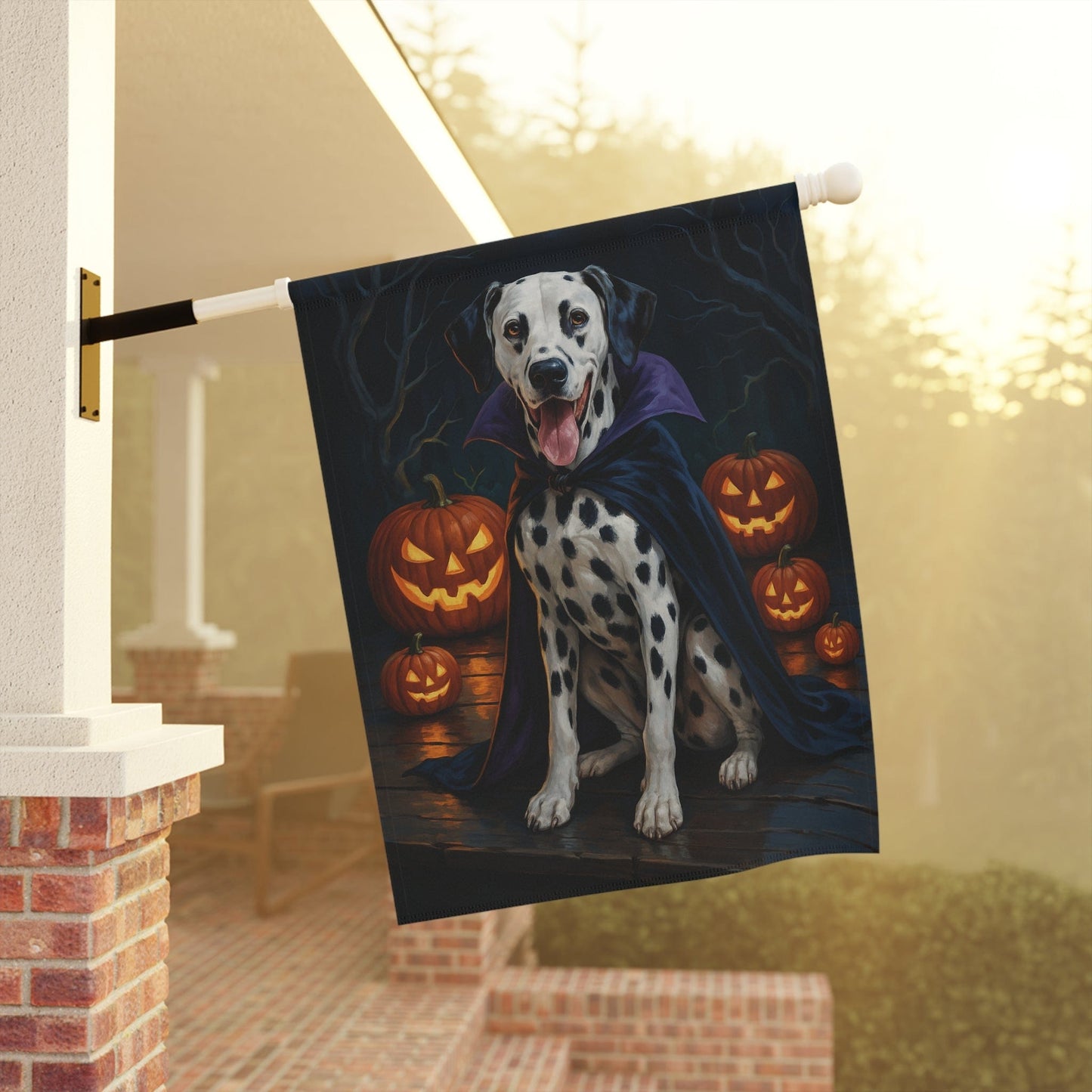Printify Home Decor Yard Flag, Halloween Dalmatian Dog, Vampire Pumpkins Decor, Garden House Banner