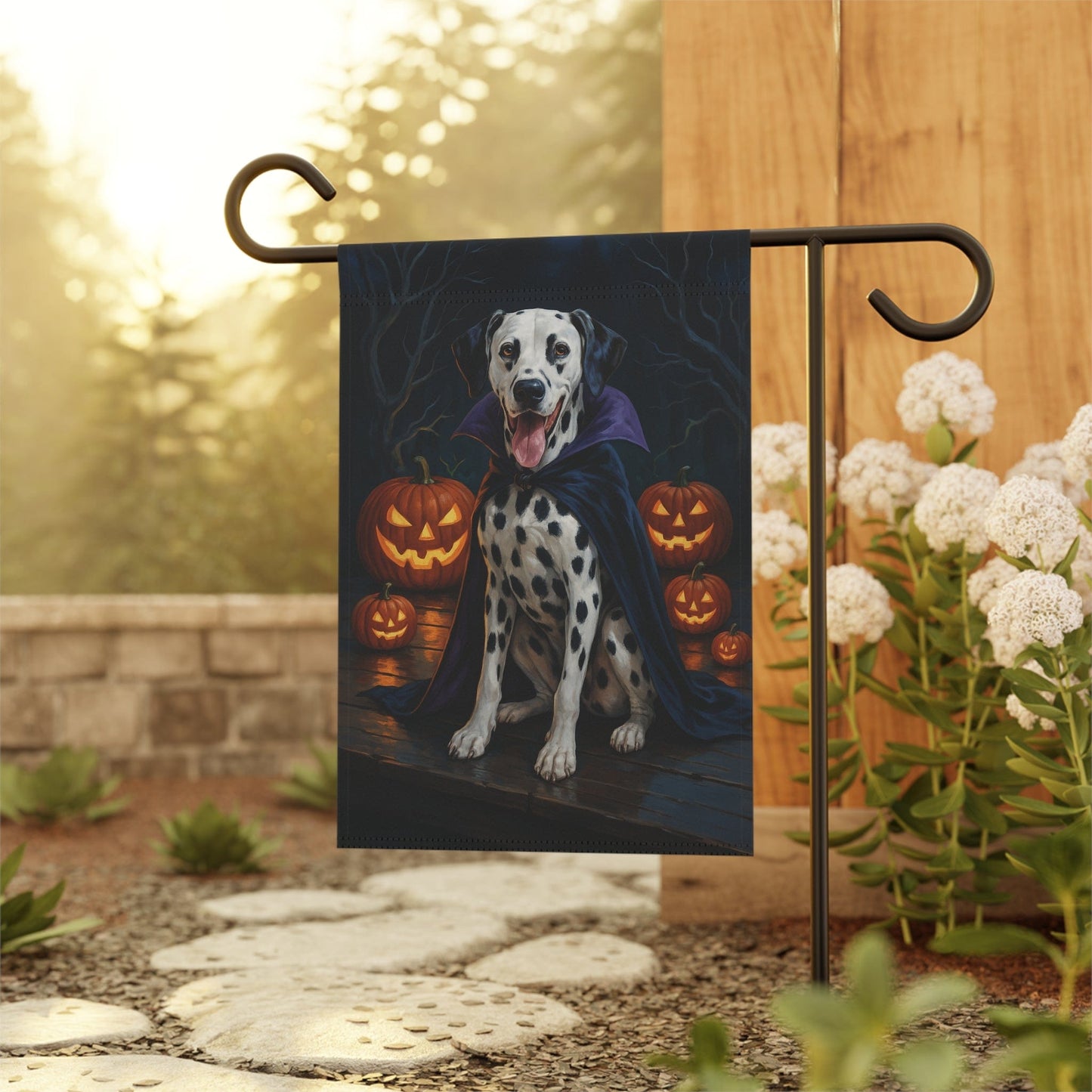 Printify Home Decor Yard Flag, Halloween Dalmatian Dog, Vampire Pumpkins Decor, Garden House Banner
