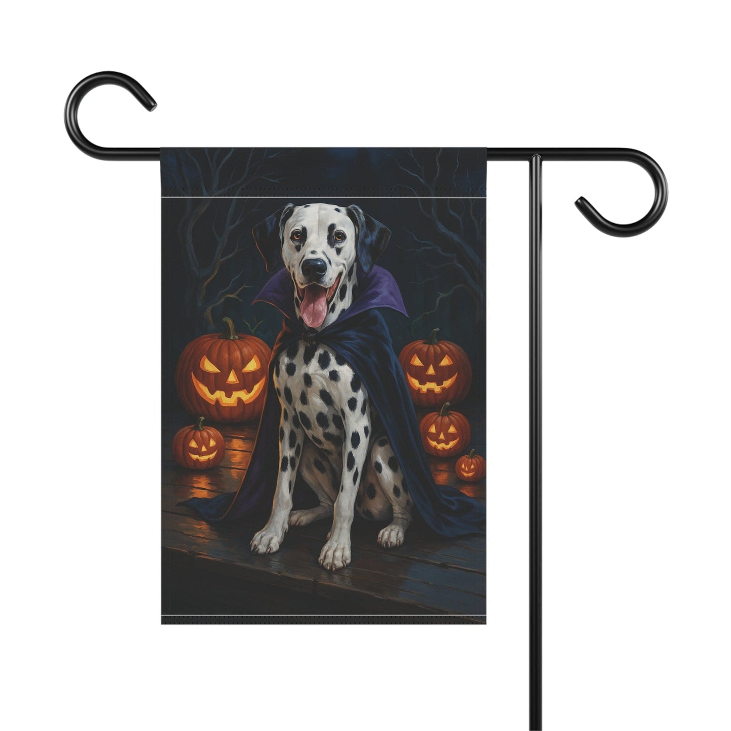 Printify Home Decor Yard Flag, Halloween Dalmatian Dog, Vampire Pumpkins Decor, Garden House Banner