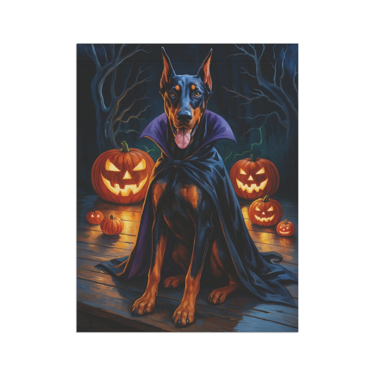 Printify Home Decor Yard Flag, Halloween Doberman Pinscher Dog, Vampire Pumpkins Decor, Garden House Banner, Outdoor Halloween Fall Art, October Yard Art