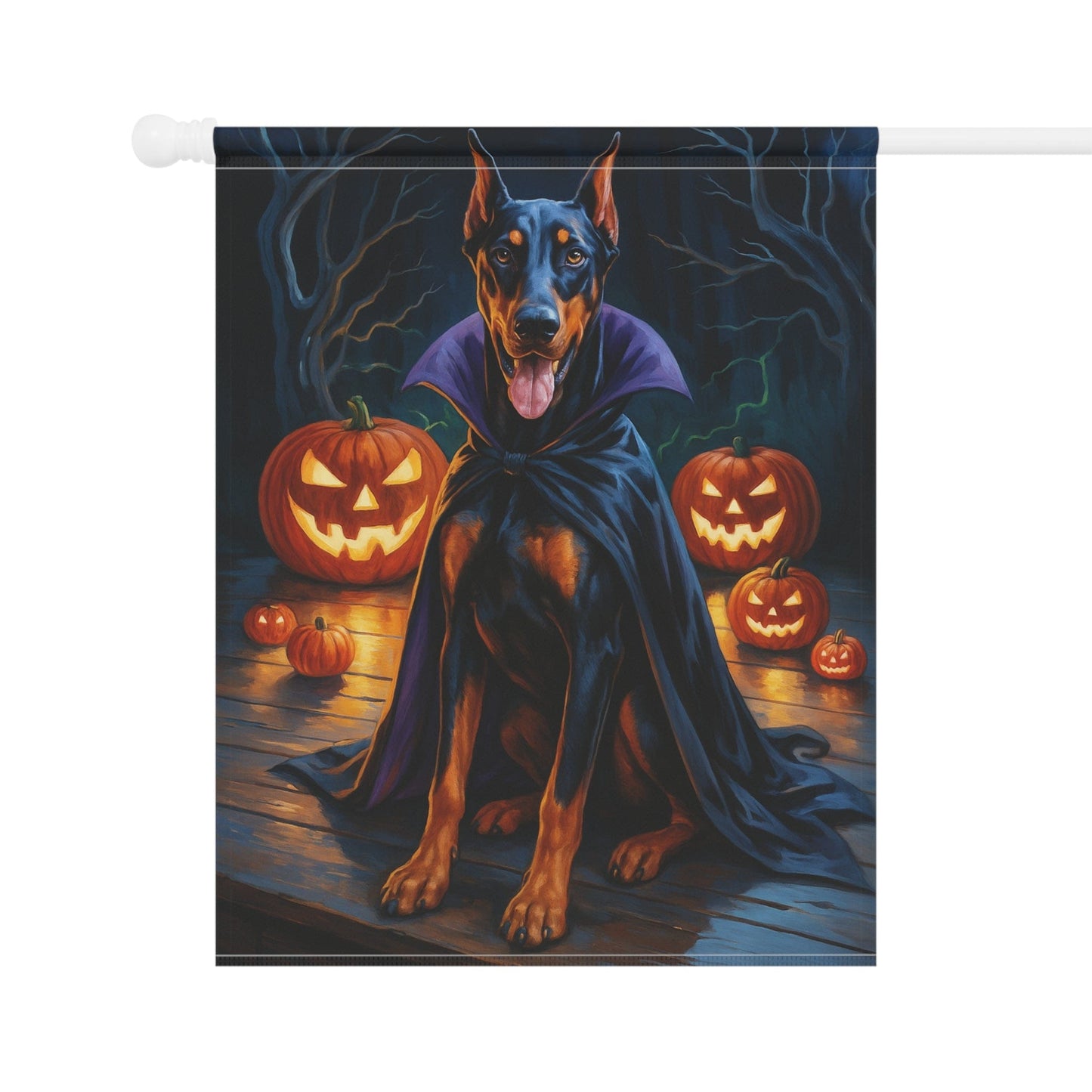 Printify Home Decor Yard Flag, Halloween Doberman Pinscher Dog, Vampire Pumpkins Decor, Garden House Banner, Outdoor Halloween Fall Art, October Yard Art