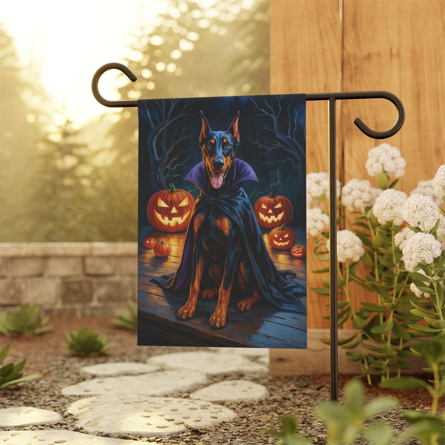 Printify Home Decor Yard Flag, Halloween Doberman Pinscher Dog, Vampire Pumpkins Decor, Garden House Banner, Outdoor Halloween Fall Art, October Yard Art