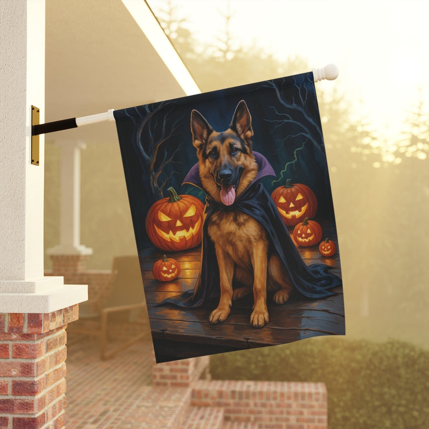 Printify Home Decor Yard Flag, Halloween German Shepherd Dog, Vampire Pumpkins Decor, Garden House Banner, Outdoor Halloween Fall Art, October Yard Art