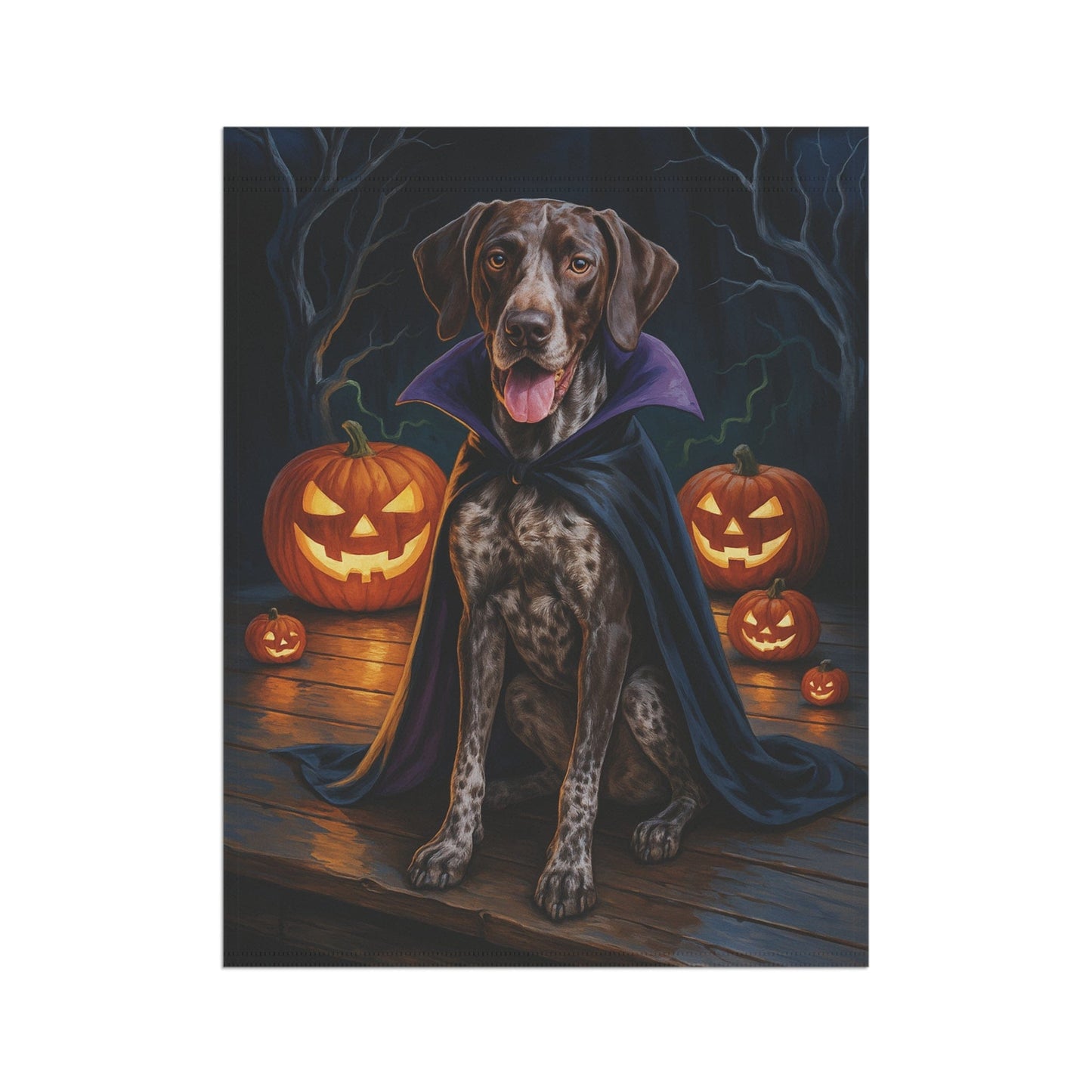 Printify Home Decor Yard Flag, Halloween German Shorthaired Pointer Dog, Vampire Pumpkins Decor, Garden House Banner, Outdoor Halloween Fall Art, October Yard