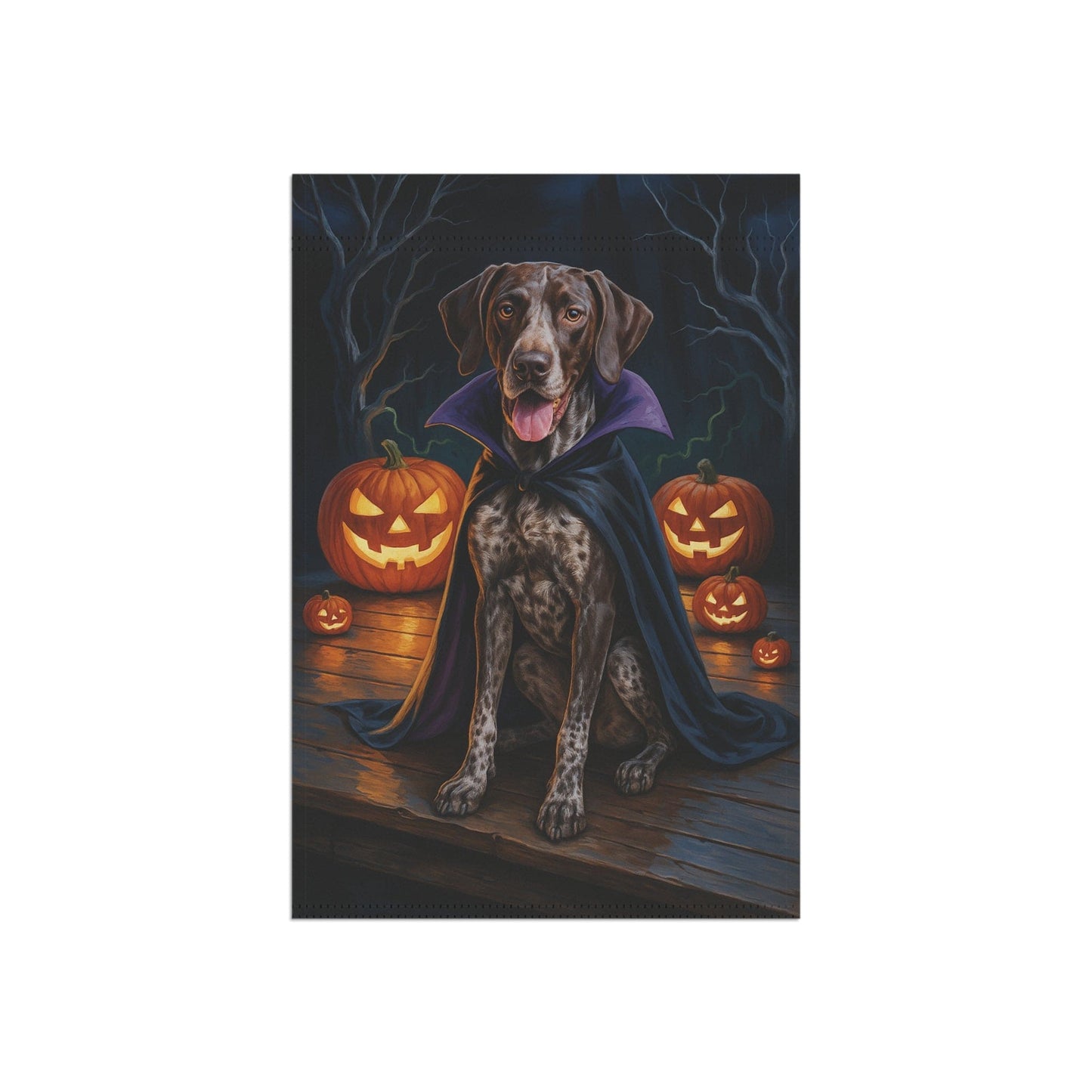 Printify Home Decor Yard Flag, Halloween German Shorthaired Pointer Dog, Vampire Pumpkins Decor, Garden House Banner, Outdoor Halloween Fall Art, October Yard