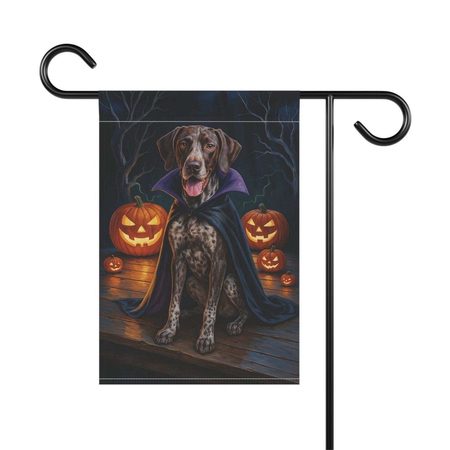 Printify Home Decor Yard Flag, Halloween German Shorthaired Pointer Dog, Vampire Pumpkins Decor, Garden House Banner, Outdoor Halloween Fall Art, October Yard