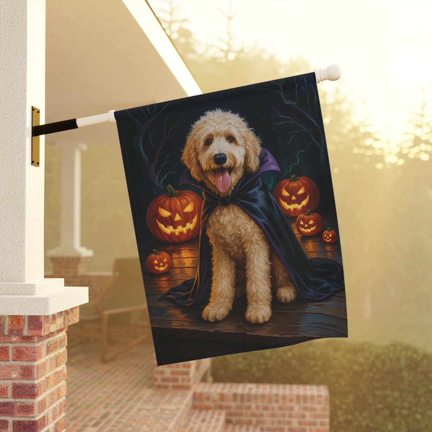 Printify Home Decor Yard Flag, Halloween Goldendoodle Dog, Vampire Pumpkins Decor, Garden House Banner