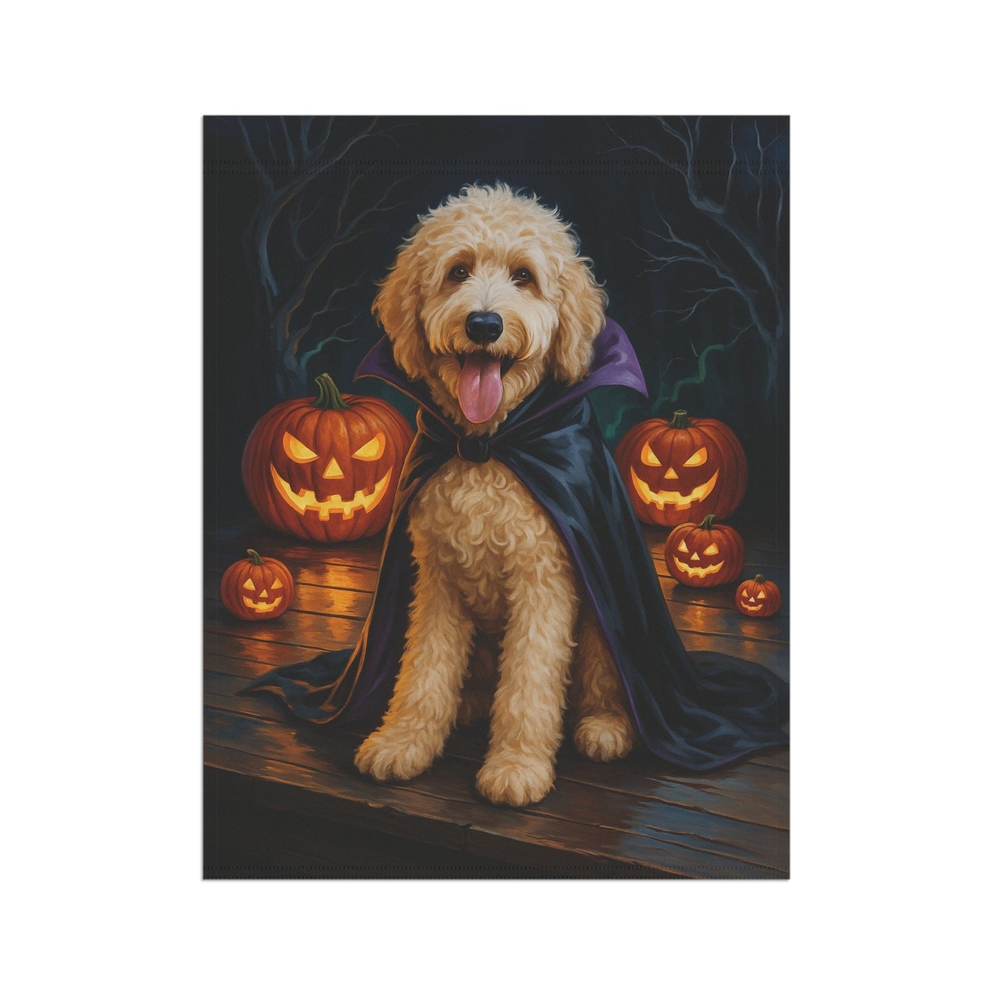 Printify Home Decor Yard Flag, Halloween Goldendoodle Dog, Vampire Pumpkins Decor, Garden House Banner