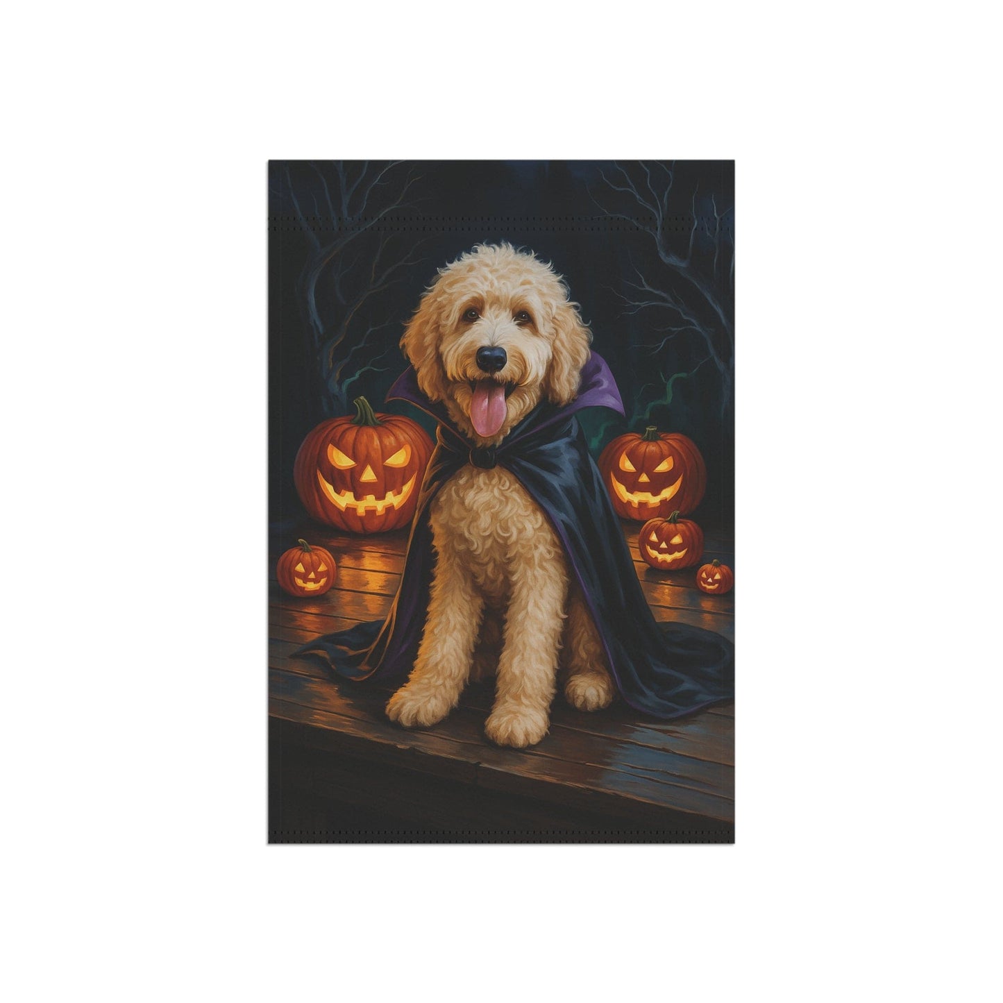 Printify Home Decor Yard Flag, Halloween Goldendoodle Dog, Vampire Pumpkins Decor, Garden House Banner