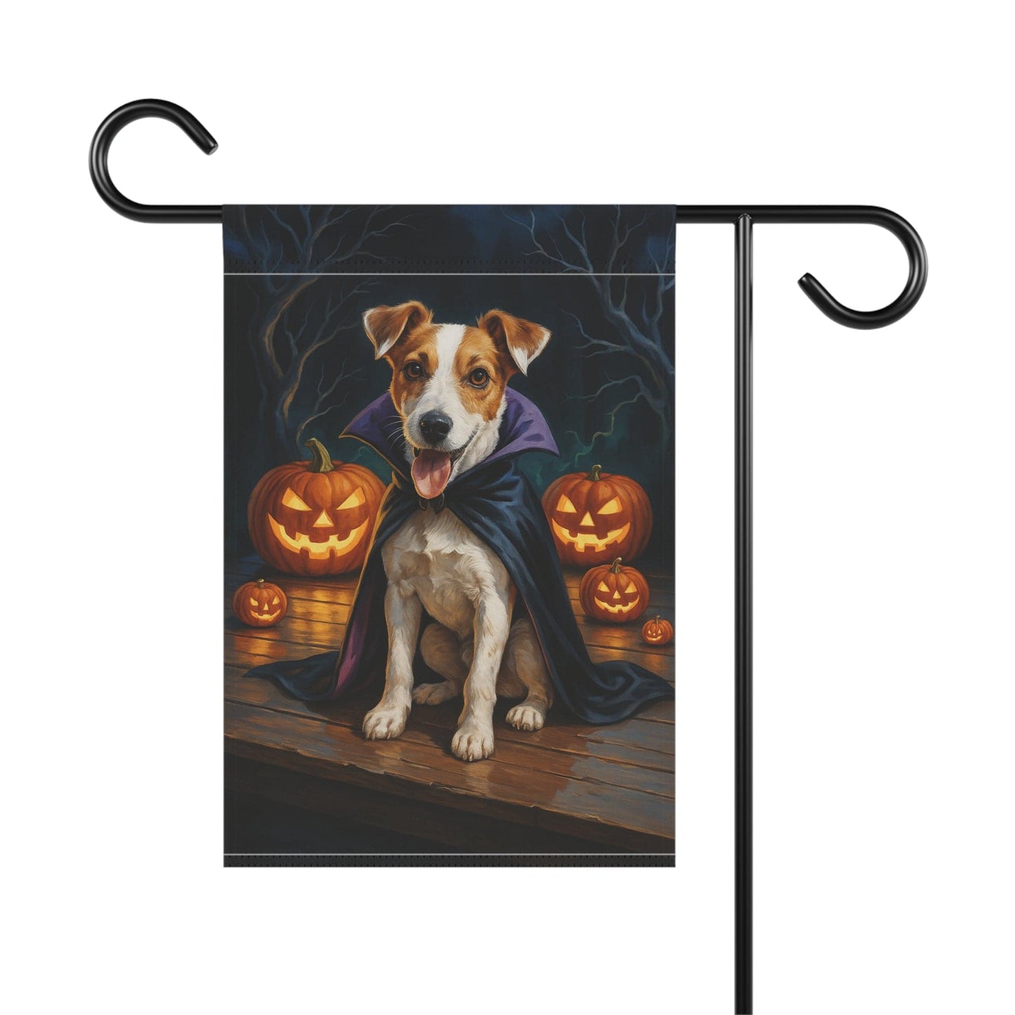 Printify Home Decor Yard Flag, Halloween Jack Russell Terrier Dog, Vampire Pumpkins Decor, Garden Banner