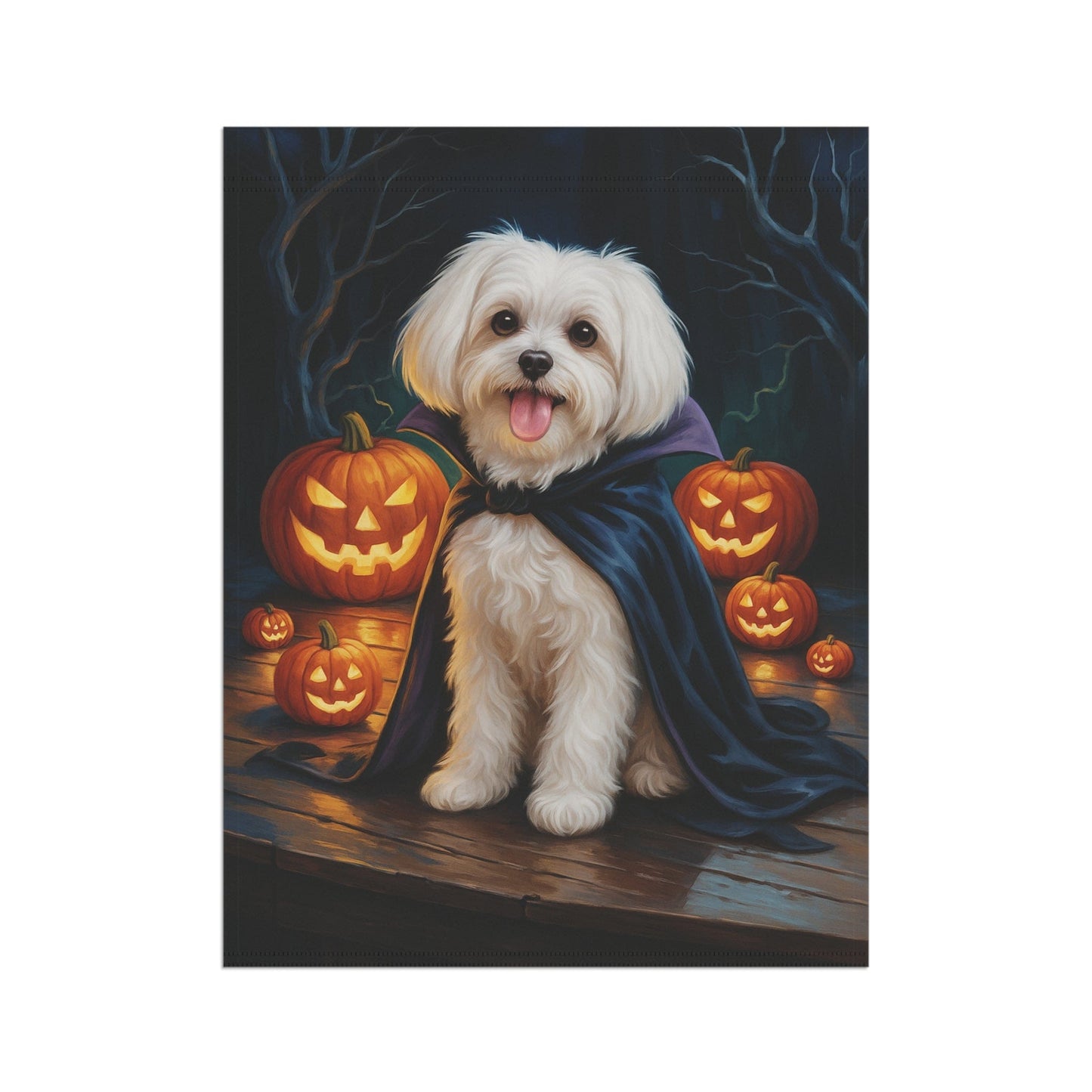 Printify Home Decor Yard Flag, Halloween Maltese Dog, Vampire Pumpkins Decor, Garden House Banner
