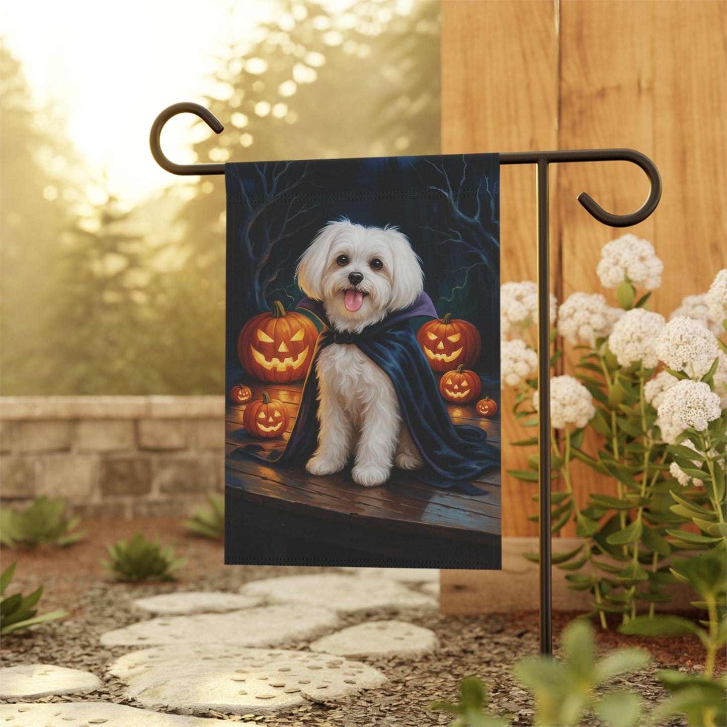 Printify Home Decor Yard Flag, Halloween Maltese Dog, Vampire Pumpkins Decor, Garden House Banner