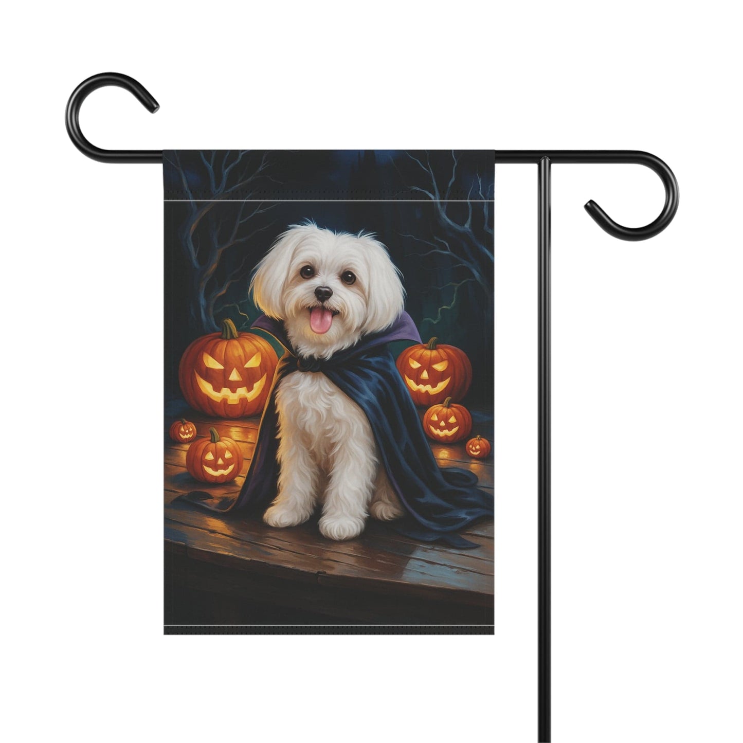 Printify Home Decor Yard Flag, Halloween Maltese Dog, Vampire Pumpkins Decor, Garden House Banner