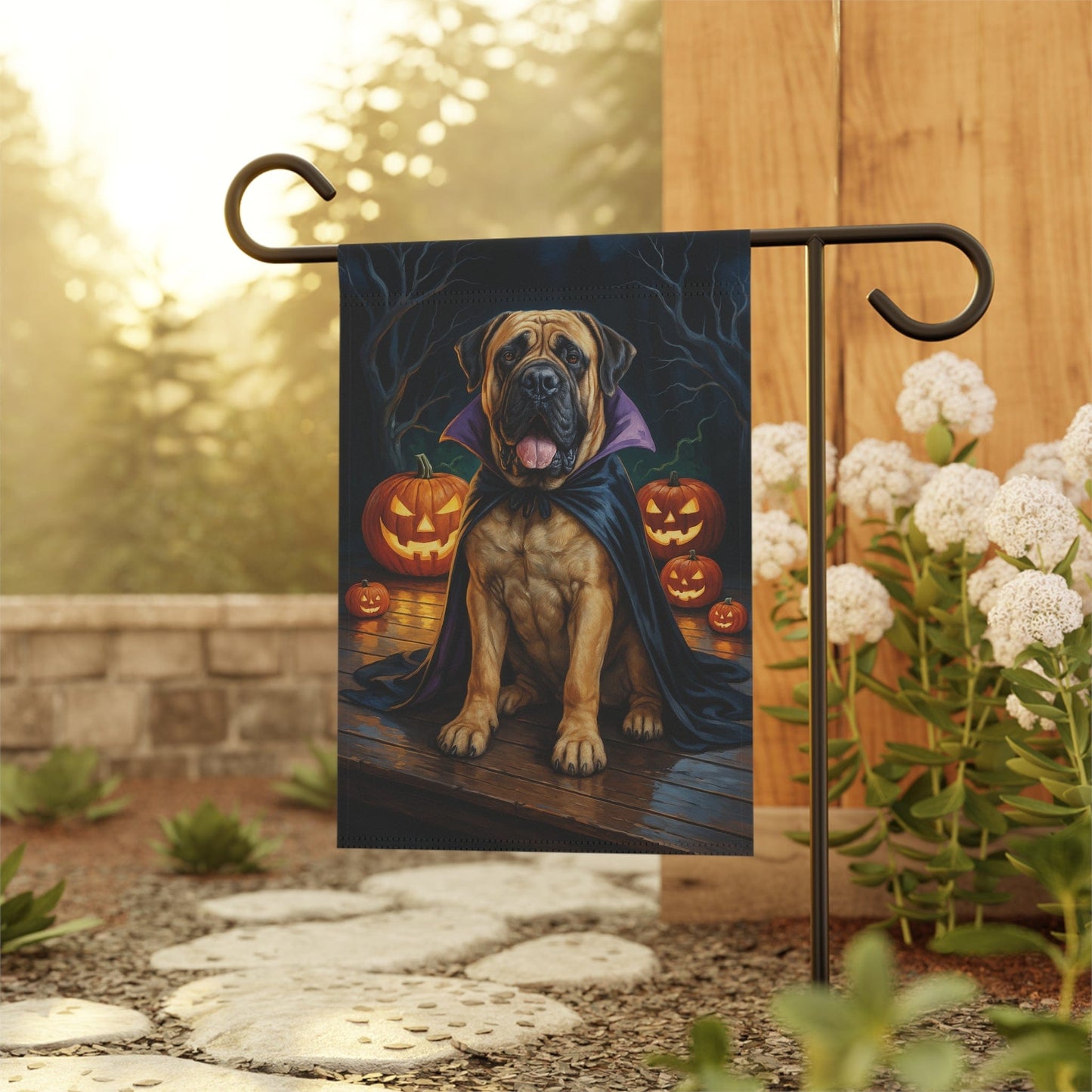 Printify Home Decor Yard Flag, Halloween Mastiff Dog, Vampire Pumpkins Decor, Garden House Banner