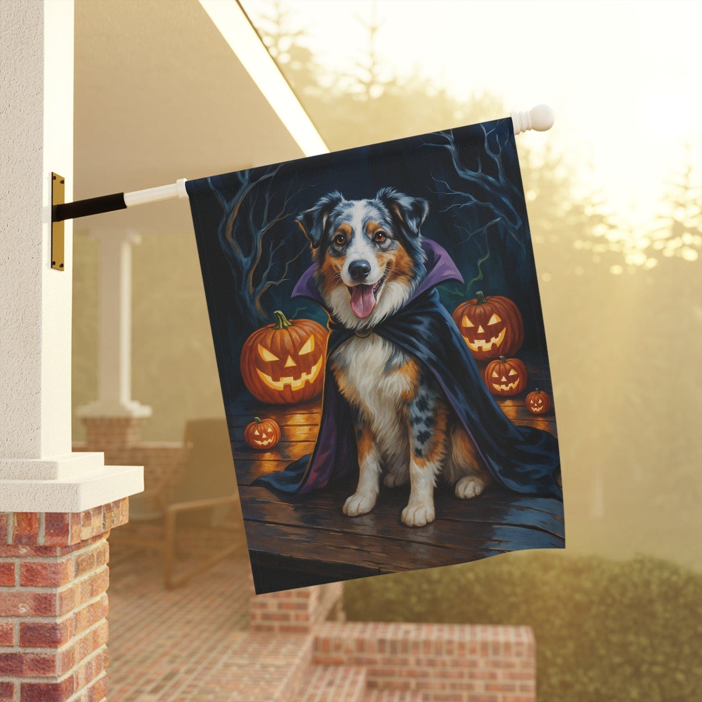 Printify Home Decor Yard Flag, Halloween Merle Australian Shepherd Dog, Vampire Pumpkins Decor, Garden Banner, House Banner, Outdoor Halloween Fall Decoration