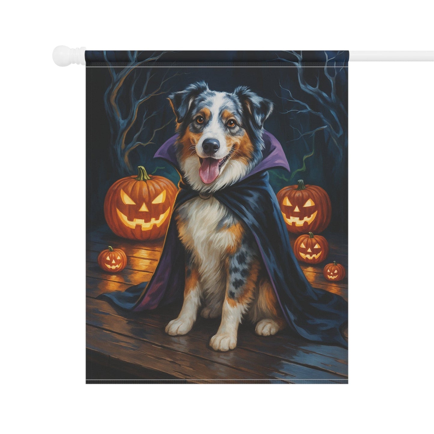 Printify Home Decor Yard Flag, Halloween Merle Australian Shepherd Dog, Vampire Pumpkins Decor, Garden Banner, House Banner, Outdoor Halloween Fall Decoration