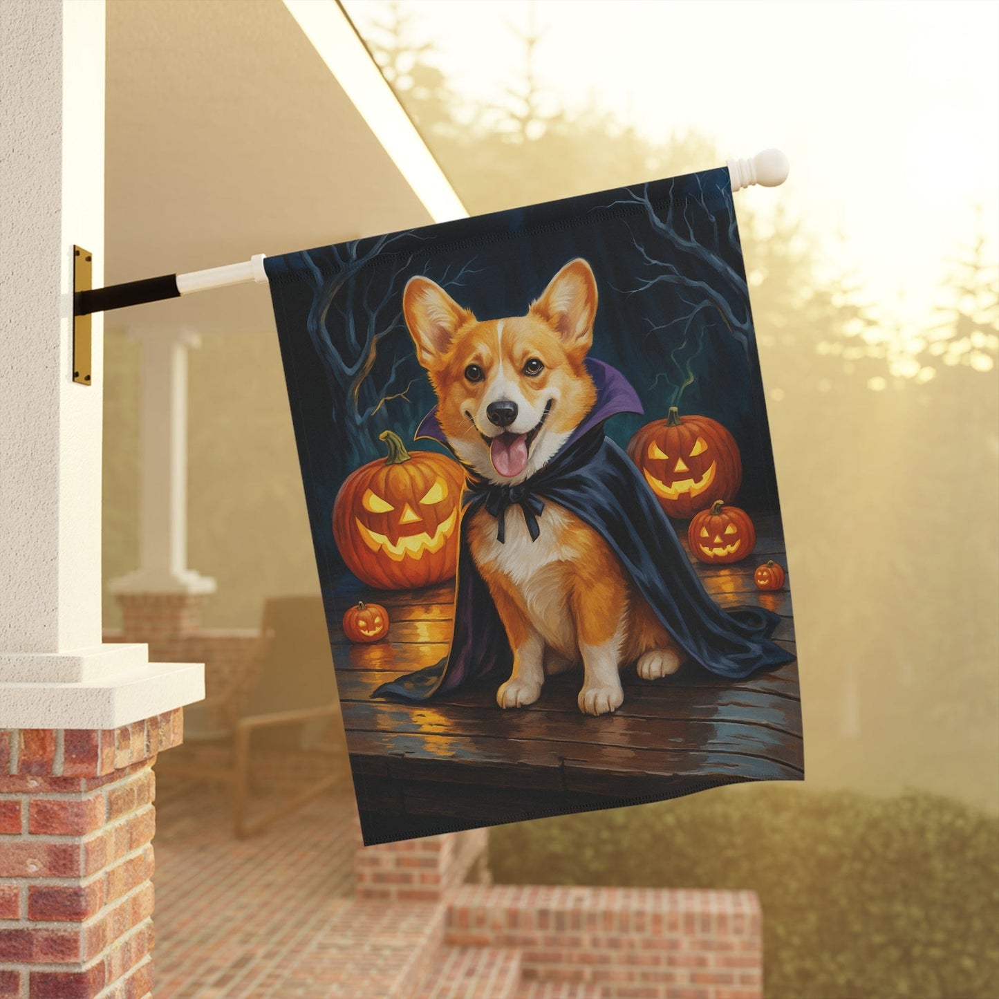 Printify Home Decor Yard Flag, Halloween Red Corgi Dog, Vampire Pumpkins Decor, Garden House Banner, Outdoor Halloween Fall Art, October Yard Art