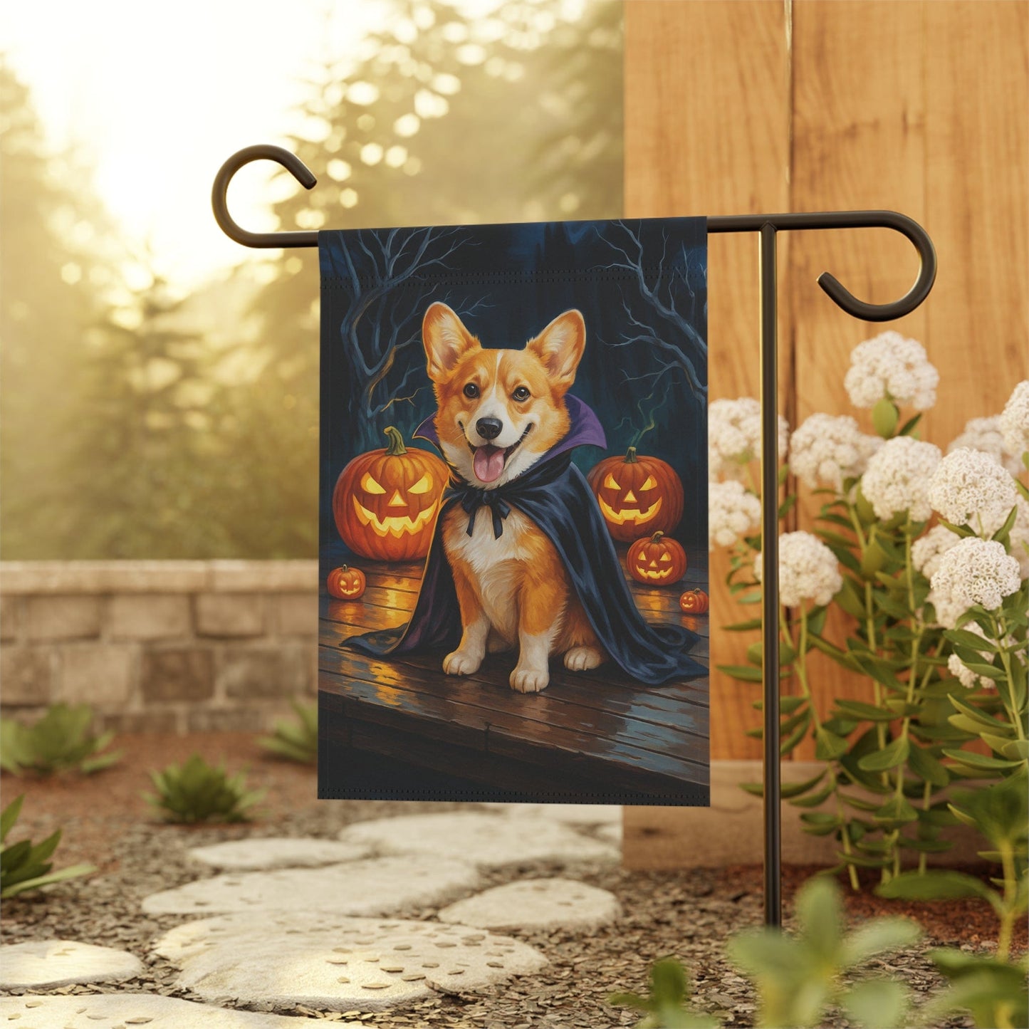 Printify Home Decor Yard Flag, Halloween Red Corgi Dog, Vampire Pumpkins Decor, Garden House Banner, Outdoor Halloween Fall Art, October Yard Art