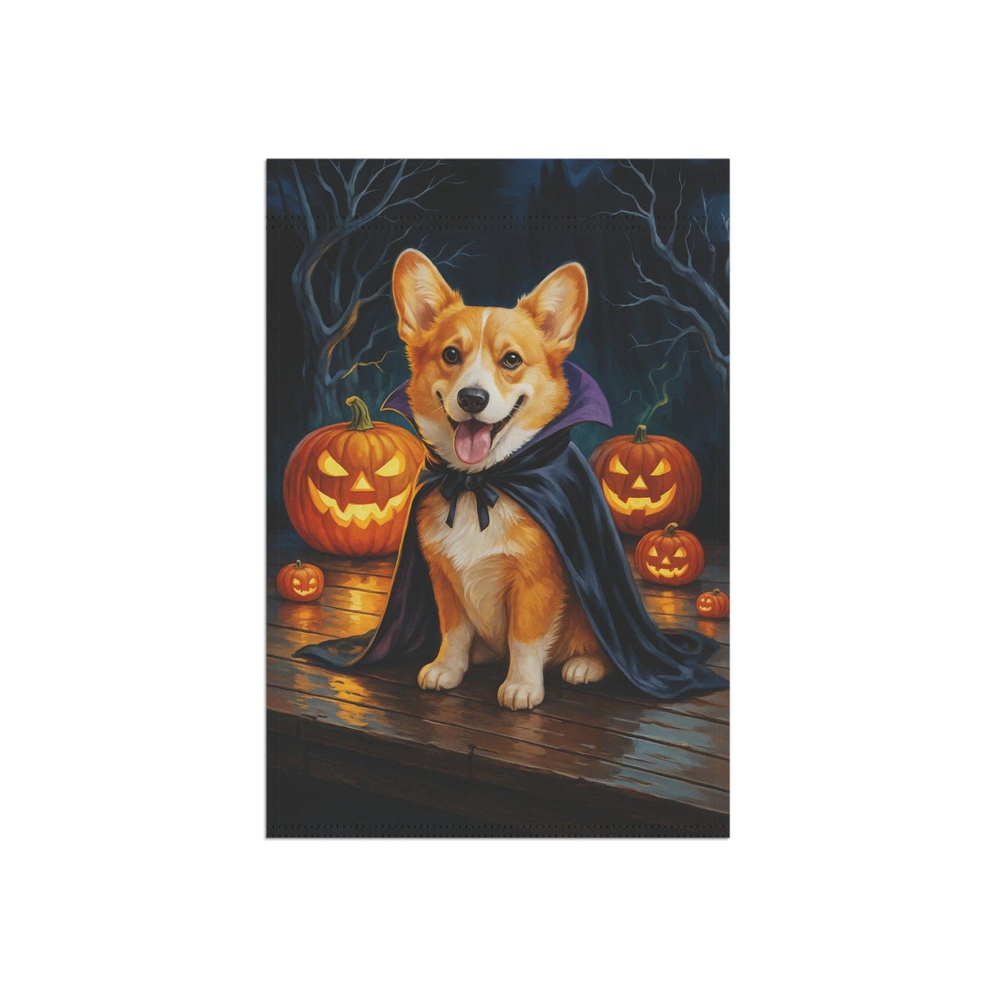 Printify Home Decor Yard Flag, Halloween Red Corgi Dog, Vampire Pumpkins Decor, Garden House Banner, Outdoor Halloween Fall Art, October Yard Art