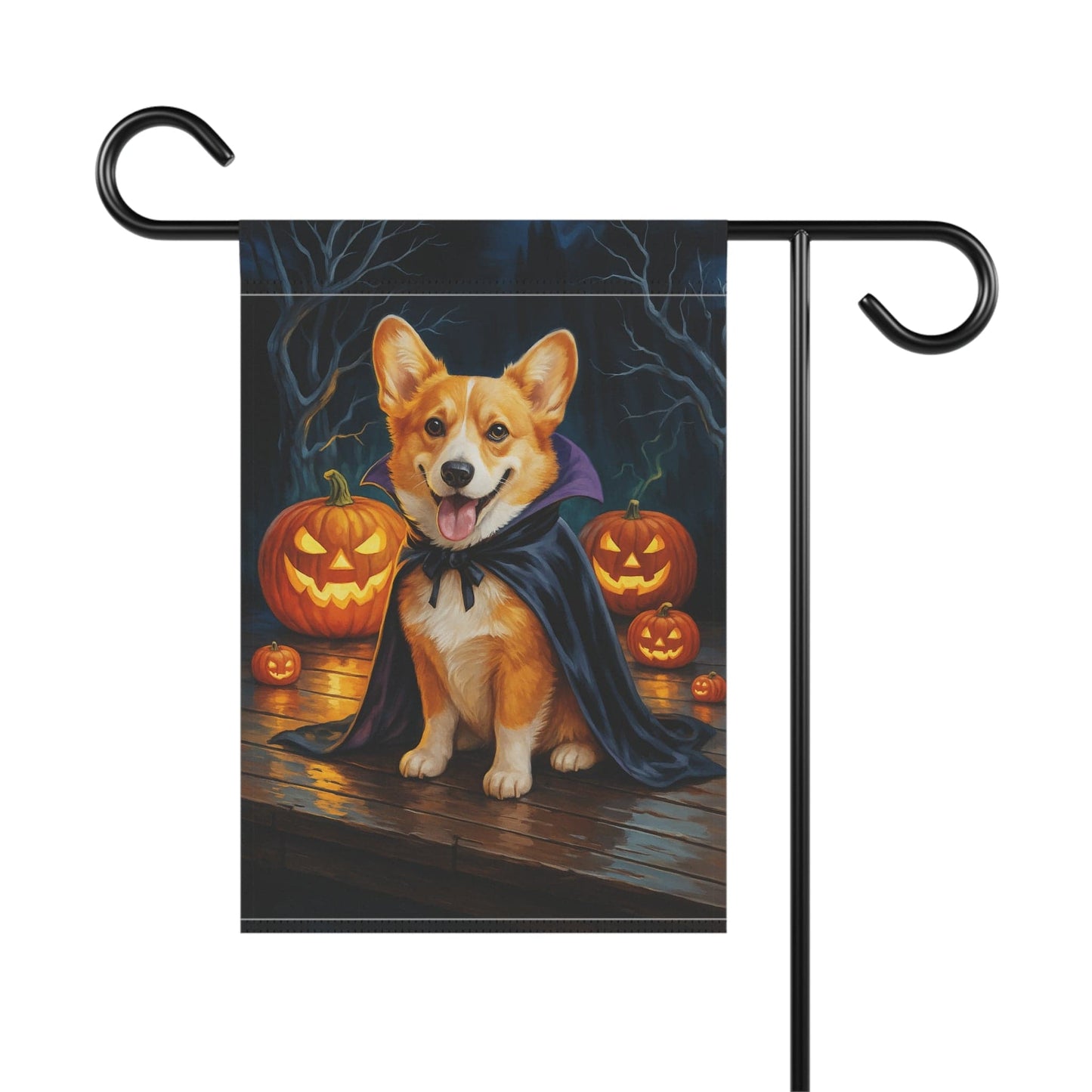 Printify Home Decor Yard Flag, Halloween Red Corgi Dog, Vampire Pumpkins Decor, Garden House Banner, Outdoor Halloween Fall Art, October Yard Art