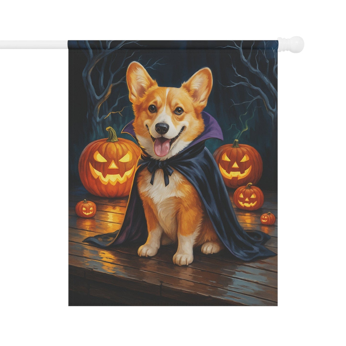 Printify Home Decor 24.5'' × 32'' Yard Flag, Halloween Red Corgi Dog, Vampire Pumpkins Decor, Garden House Banner, Outdoor Halloween Fall Art, October Yard Art