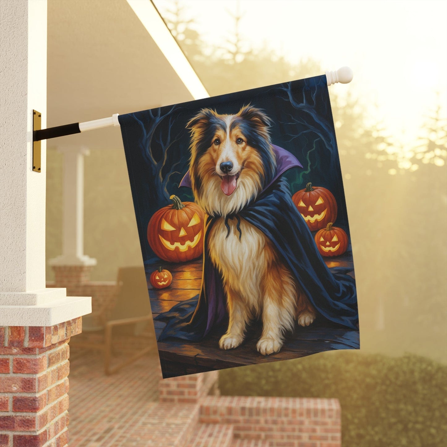 Printify Home Decor Yard Flag, Halloween Rough Collie Dog, Vampire Pumpkins Decor, Garden House Banner, Outdoor Halloween Fall Art, October Yard Art