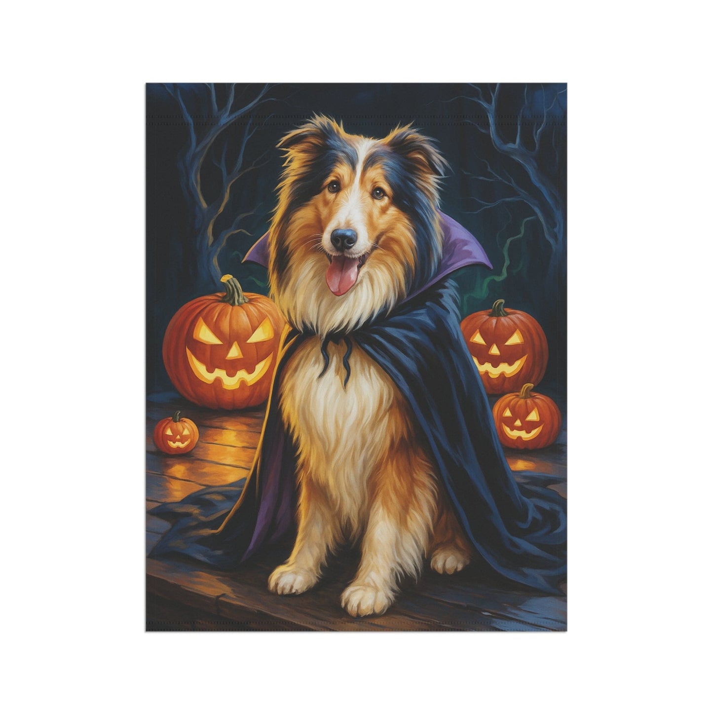 Printify Home Decor Yard Flag, Halloween Rough Collie Dog, Vampire Pumpkins Decor, Garden House Banner, Outdoor Halloween Fall Art, October Yard Art