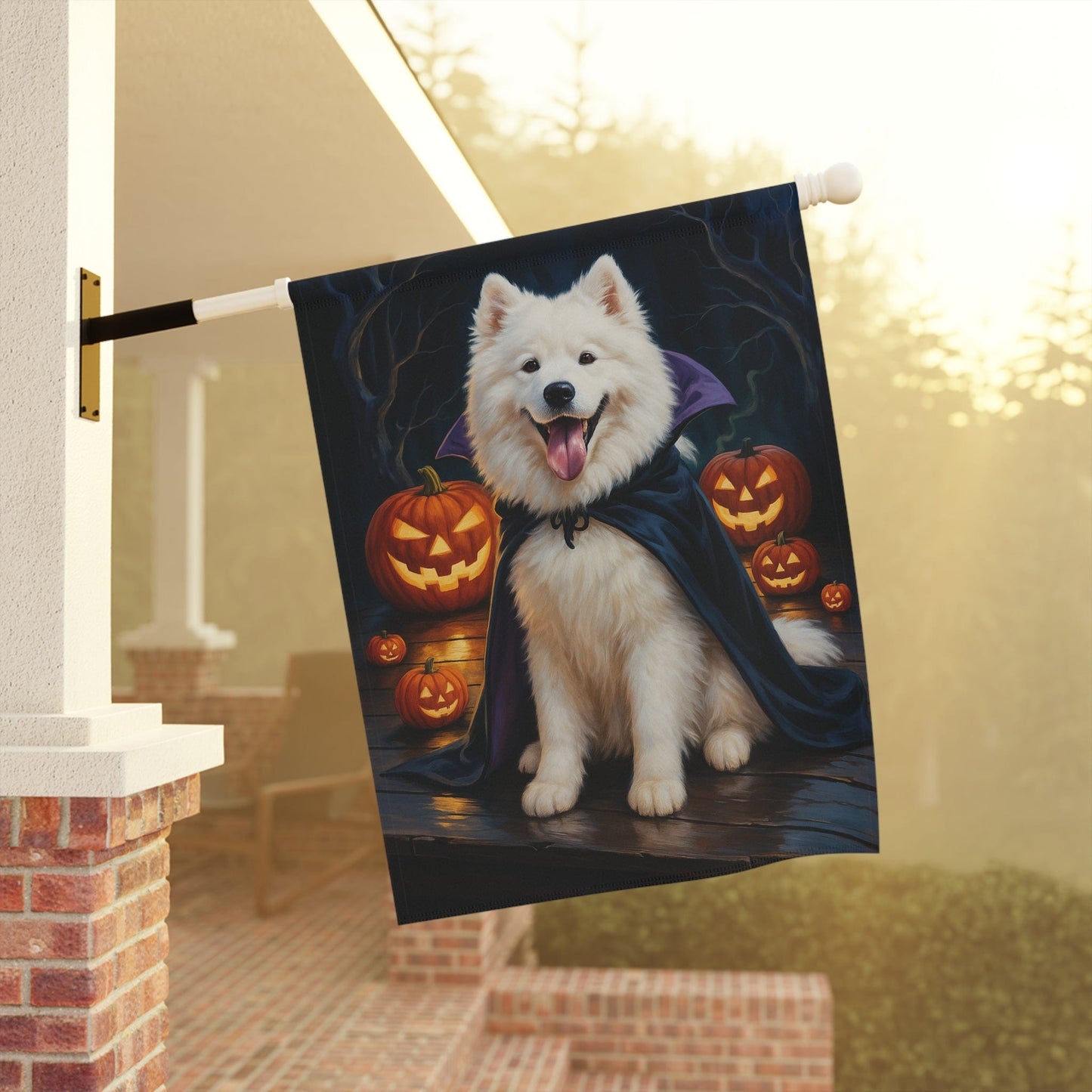 Printify Home Decor Yard Flag, Halloween Samoyed Dog, Vampire Pumpkins Decor, Garden House Banner, Outdoor Halloween Fall Art, October Yard Art
