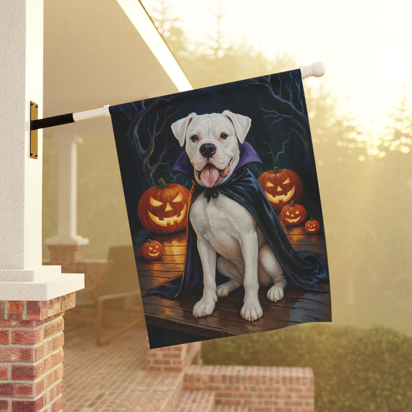 Printify Home Decor Yard Flag, Halloween White Boxer Dog, Vampire Pumpkins Decor, Garden House Banner