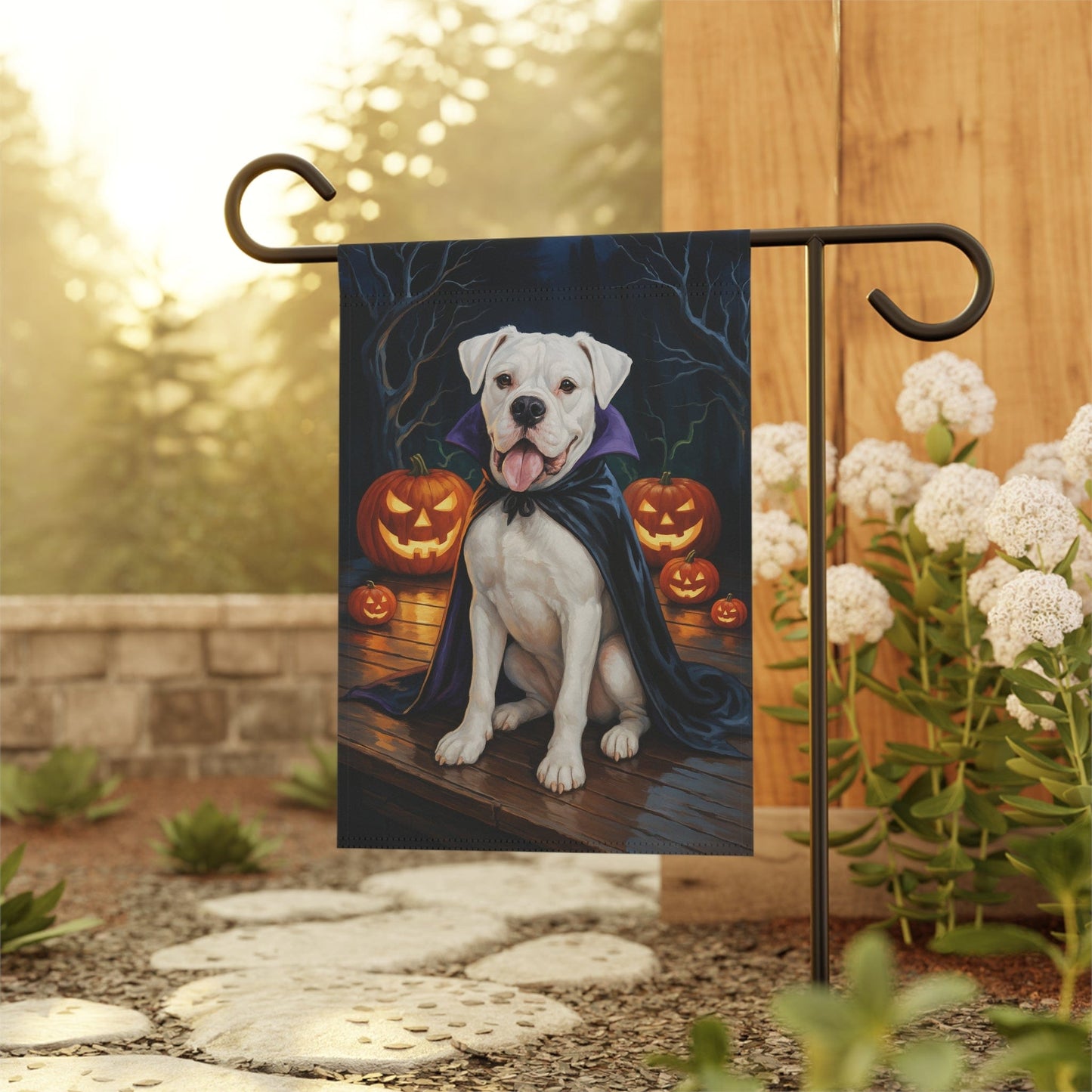 Printify Home Decor Yard Flag, Halloween White Boxer Dog, Vampire Pumpkins Decor, Garden House Banner