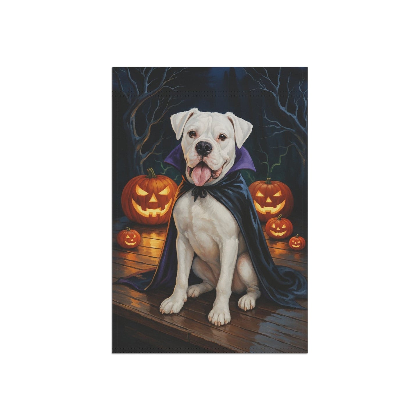 Printify Home Decor Yard Flag, Halloween White Boxer Dog, Vampire Pumpkins Decor, Garden House Banner