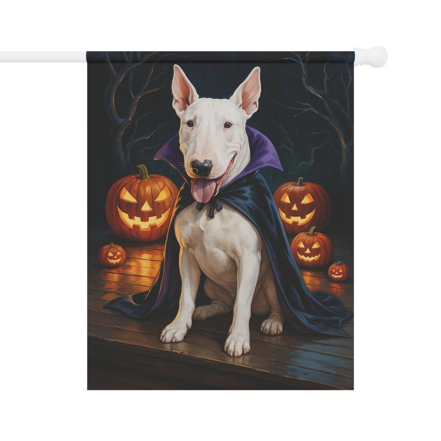 Printify Home Decor 24.5'' × 32'' Yard Flag, Halloween White Bull Terrier Dog, Vampire Pumpkins Decor, Garden House Banner