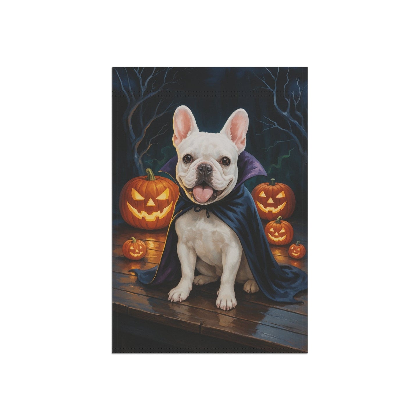 Printify Home Decor Yard Flag, Halloween White French Bulldog Dog, Vampire Pumpkins Decor, Garden House Banner, Outdoor Halloween Fall Art, October Yard Art