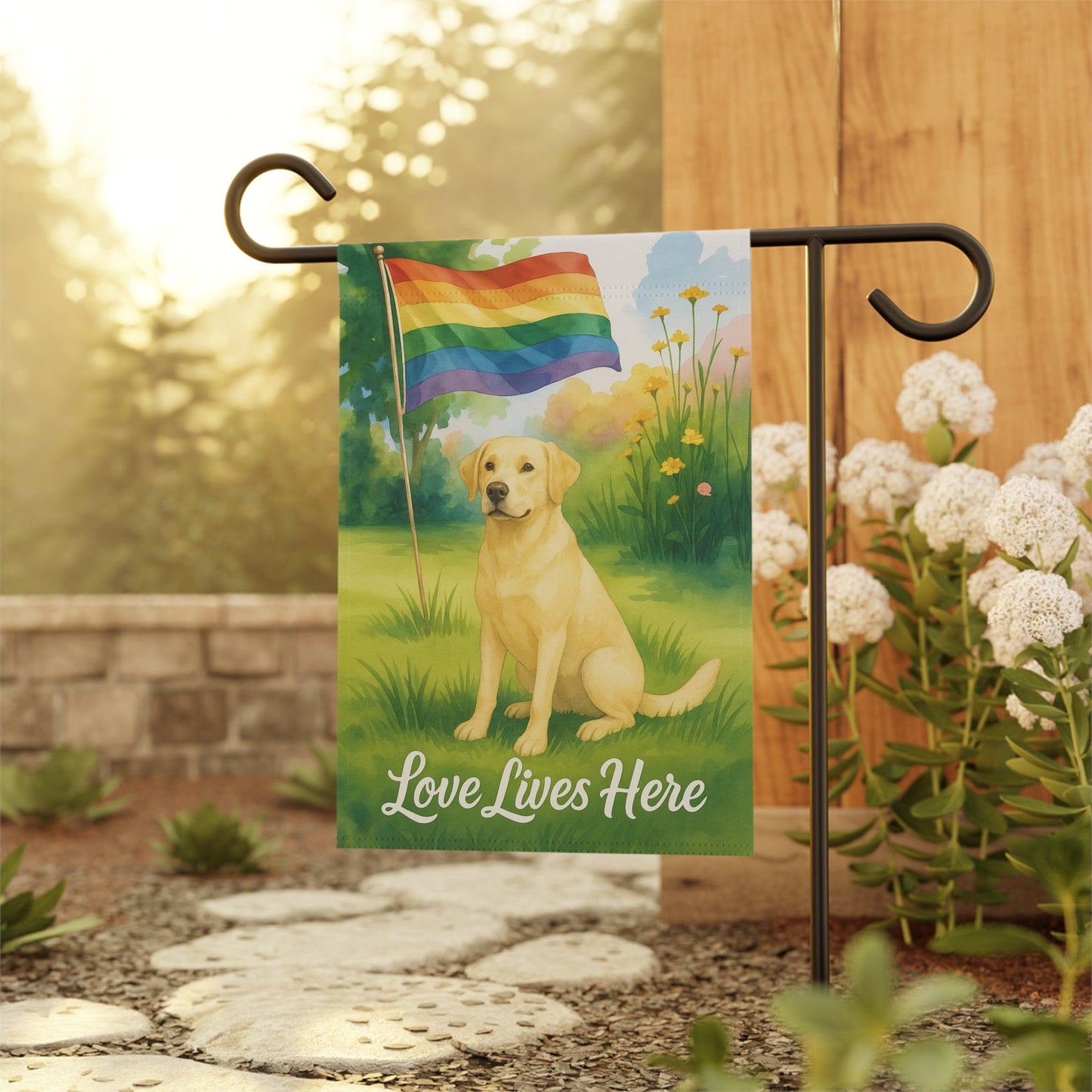 Printify Home Decor Yellow Labrador Retriever LGBTQ+ Pride Garden Flag