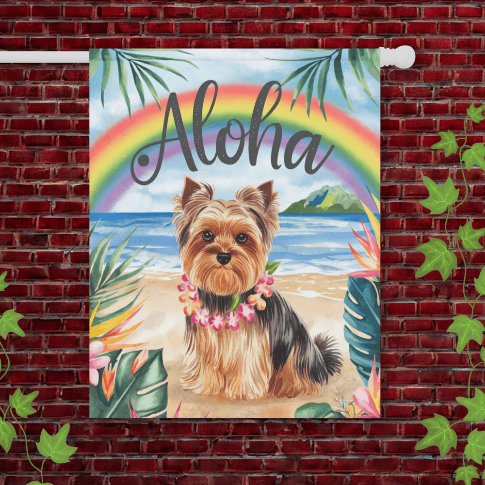 Printify Garden Flag 24.5'' × 32'' Yorkshire Terrier Aloha Luau Garden Flag