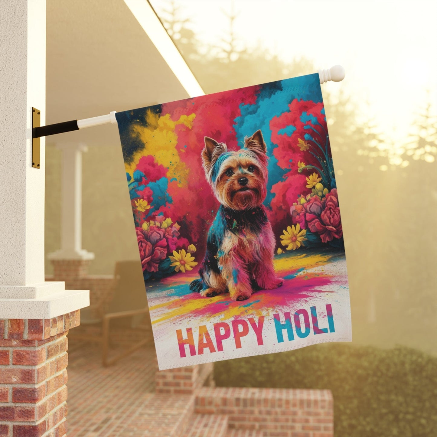 Printify Home Decor Yorkshire Terrier Holi Garden Flag, Indian Spring Festival, Dog Lovers Yard Outside Decor