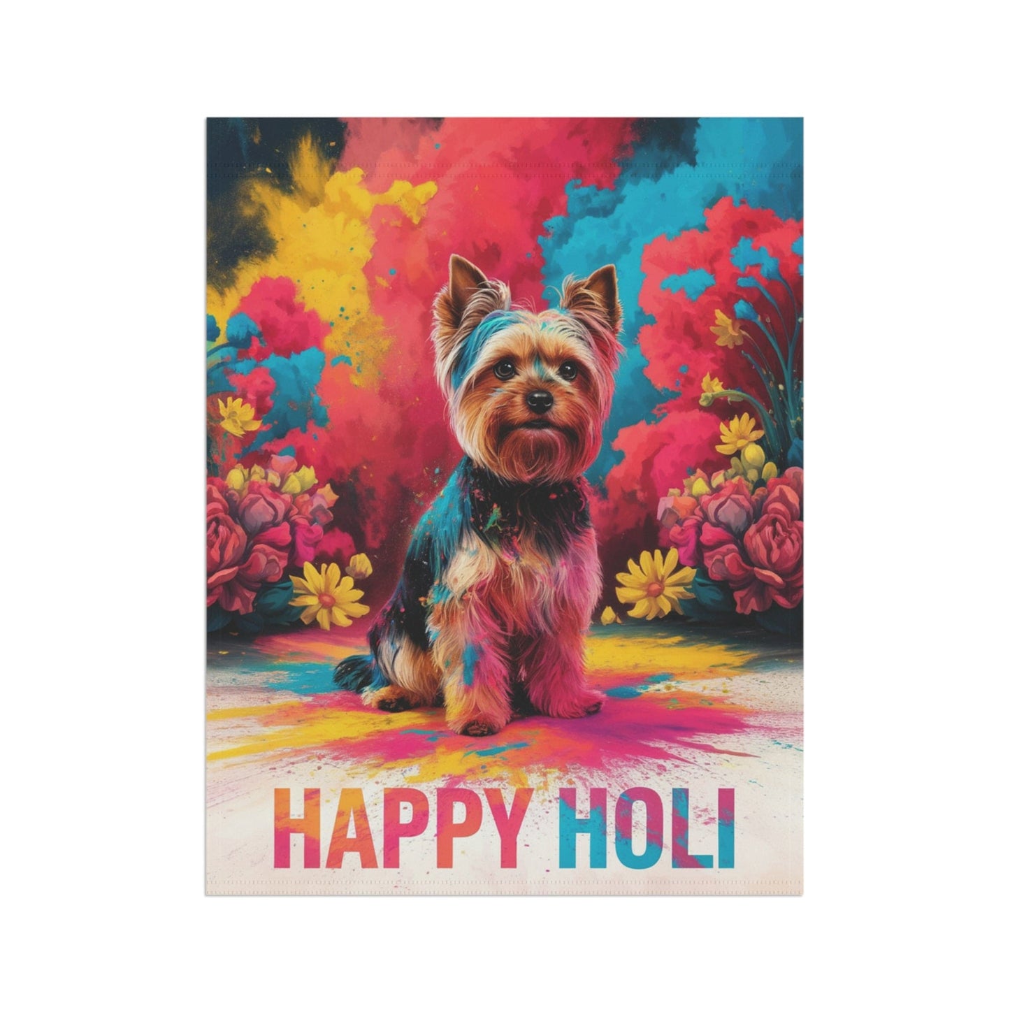 Printify Home Decor Yorkshire Terrier Holi Garden Flag, Indian Spring Festival, Dog Lovers Yard Outside Decor